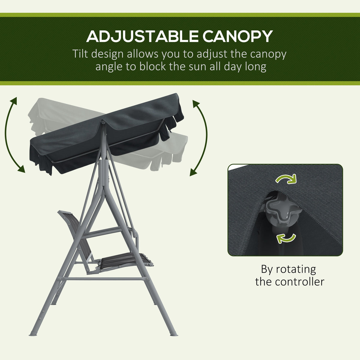3 Seater Swing Chair, Garden Swing Bench with Adjustable Tilting Canopy, Breathable Mesh Seat and Heavy Duty Metal Frame for Patio, Garden, Dark Grey