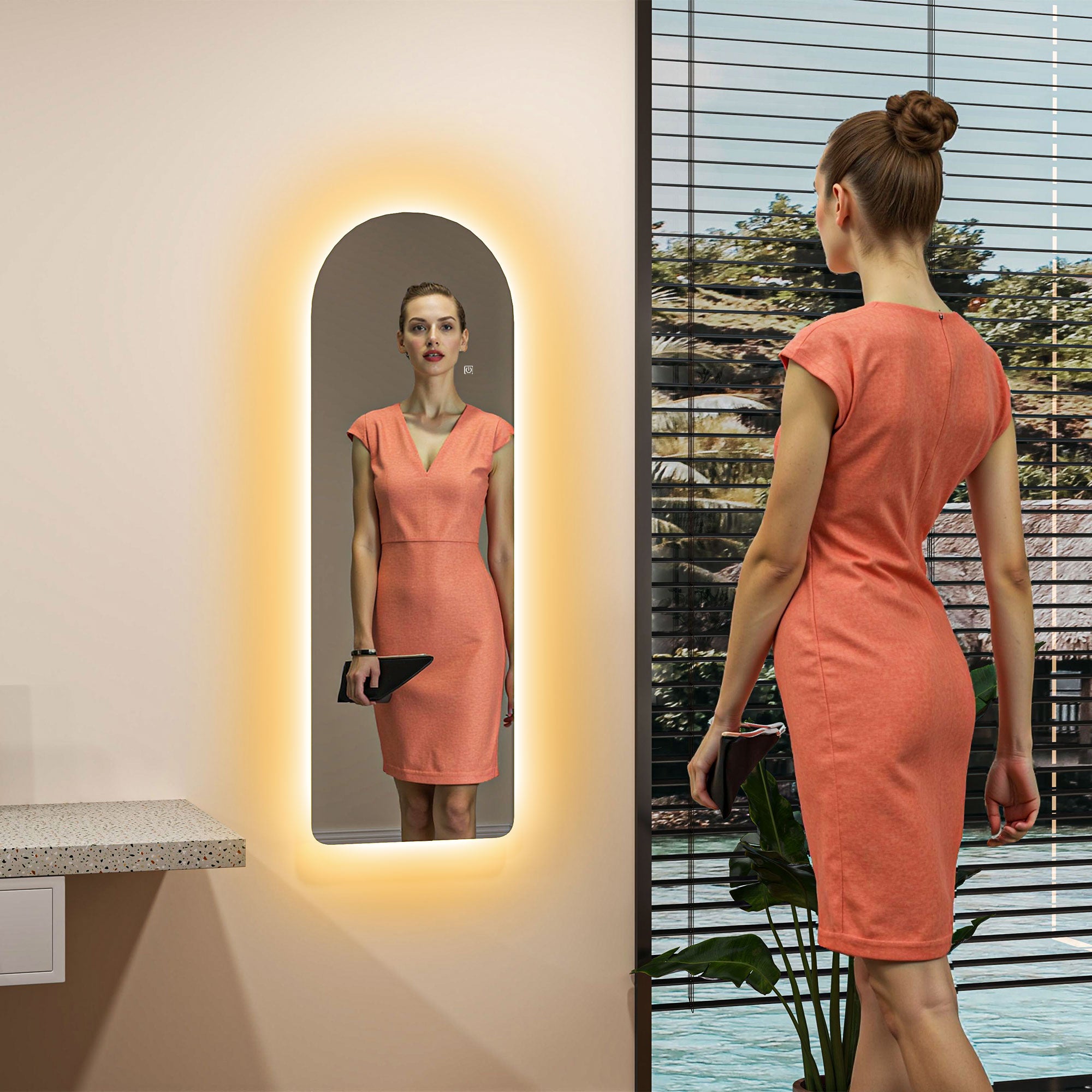 Arched Full Length Mirror with LED Lights, 120 x 40cm Backlit Frameless Wall Mirror with Dimming and 3 Colour Lighting for Living Room, Bedroom, Clear