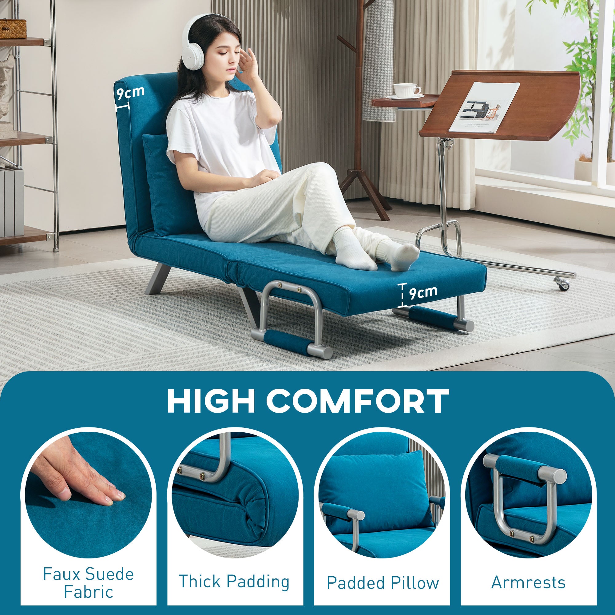 4-in-1 Adjustable Faux Suede Chair Bed with Pillow - Blue