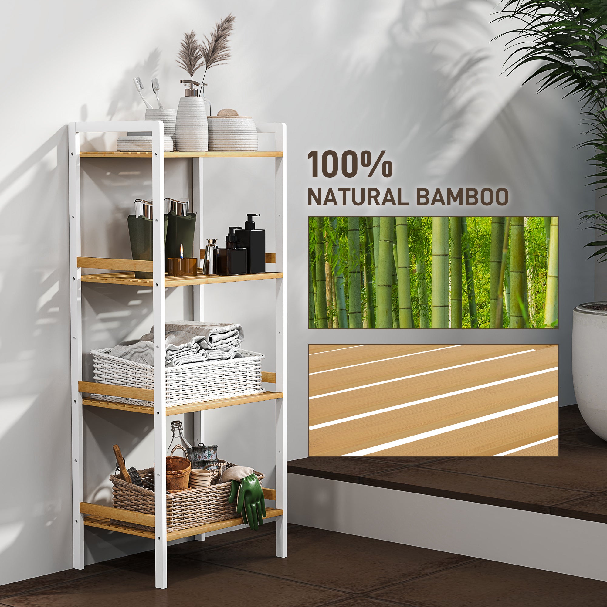 Four-Tier Adjustable Bamboo Shelf Storage Unit - Natural and White