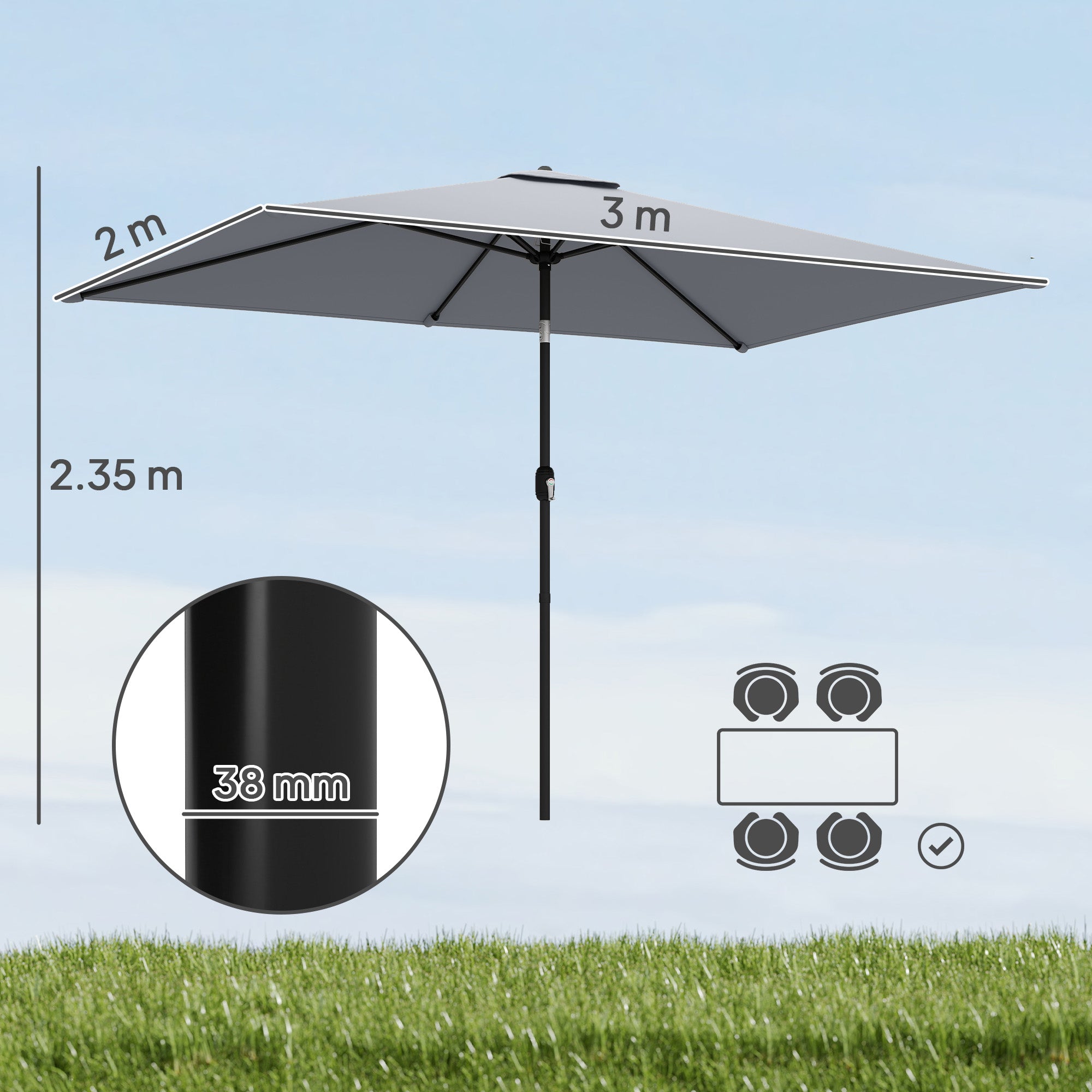 Garden Parasol, Parasol Umbrella with Crank Handle, Tilt Function, Polyester Canopy, Light Grey