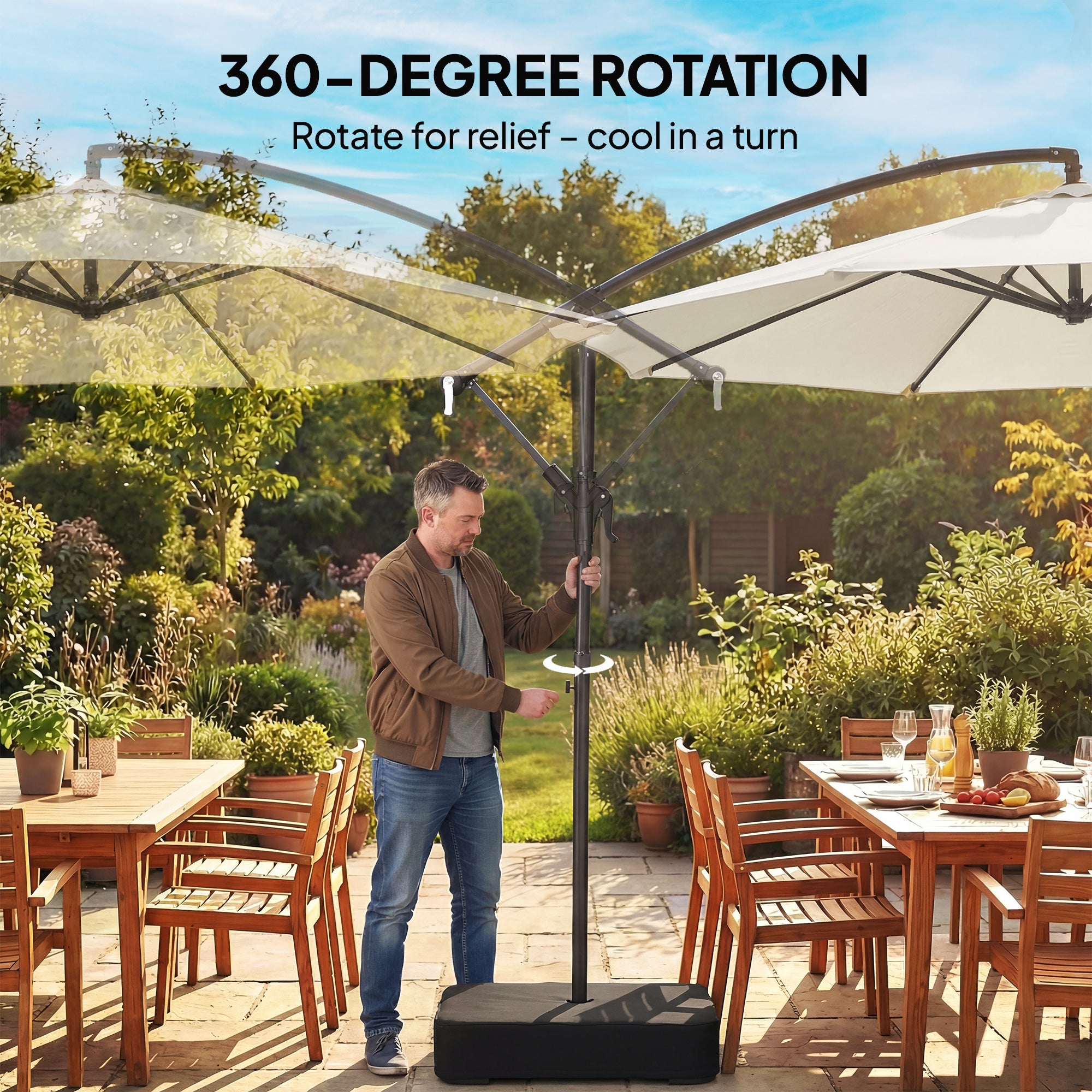 3 m Garden Cantilever Parasol with Cross Base, Sandbag, 360° Rotating Overhanging Banana Umbrella, Cream White