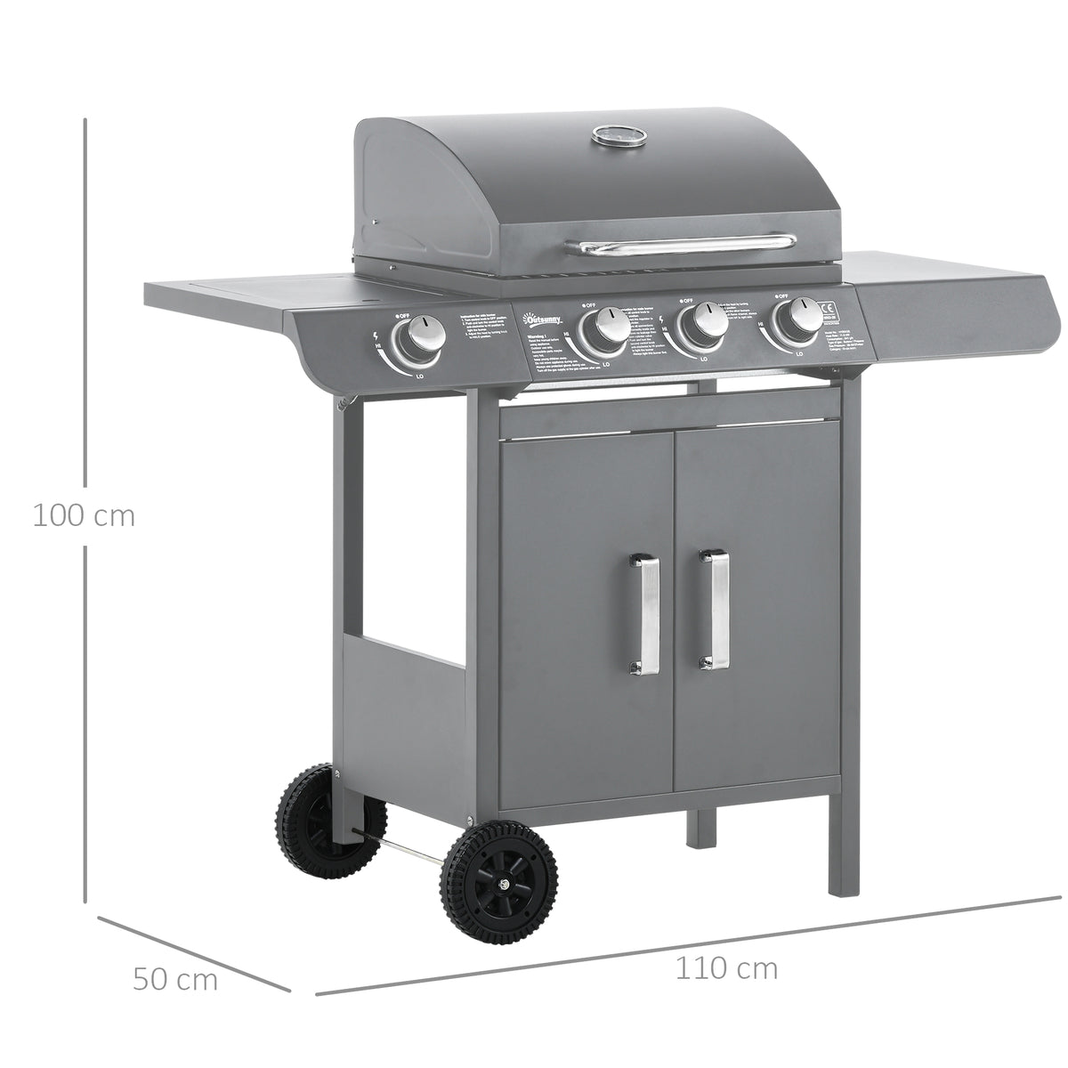 3+1 Burner Gas BBQ Grill Trolley with Wheels, Side Shelves, Cabinet & Thermometer - Grey