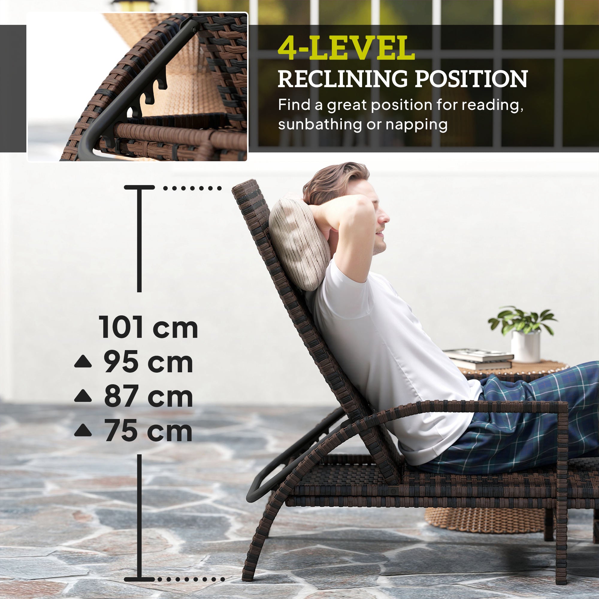 Reclining Rattan Lounger, with Extending Footrest - Brown