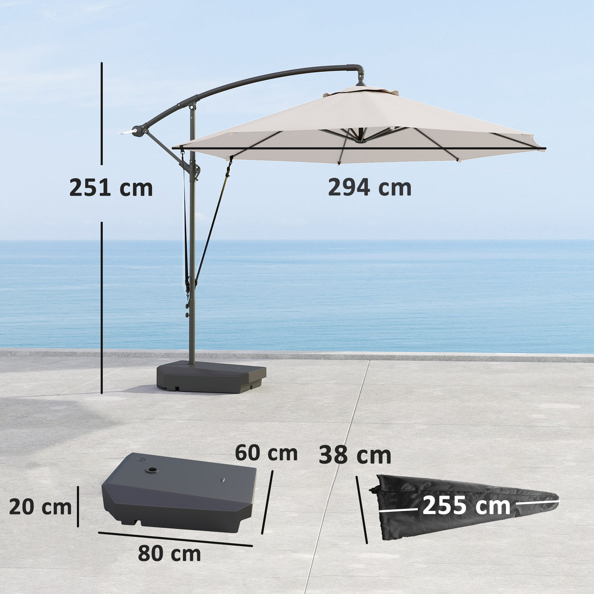 3m Garden Cantilever Parasol with Fillable Base, Wind Straps, Crank Handle & Tilt, UPF50+ Sun Shade - Cream