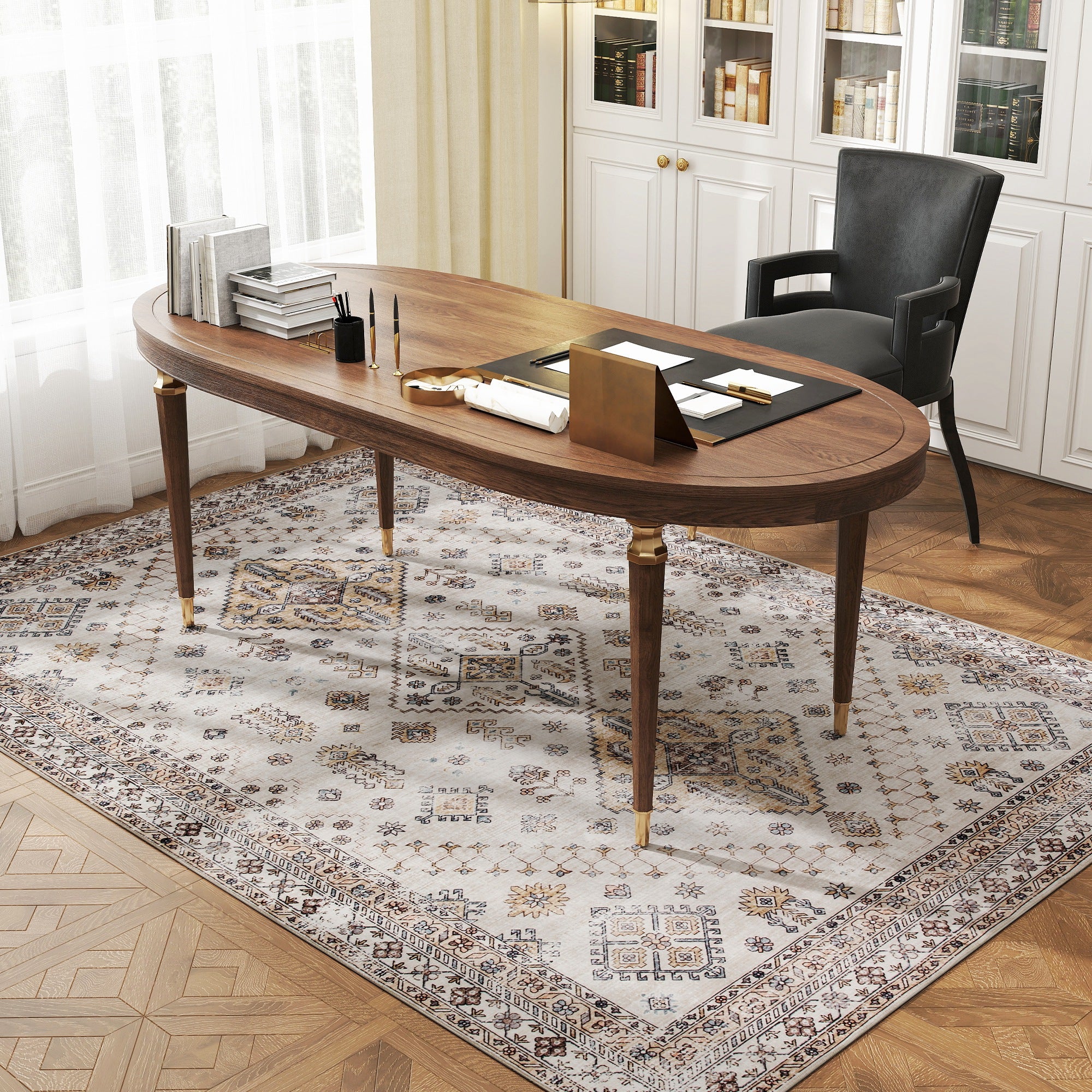 Vintage Area Rug, Non-Slip Washable Rug, Flannel Floor Carpet for Living Room, Bedroom, Dining Room, Home Office, 230 x 160 cm, Beige