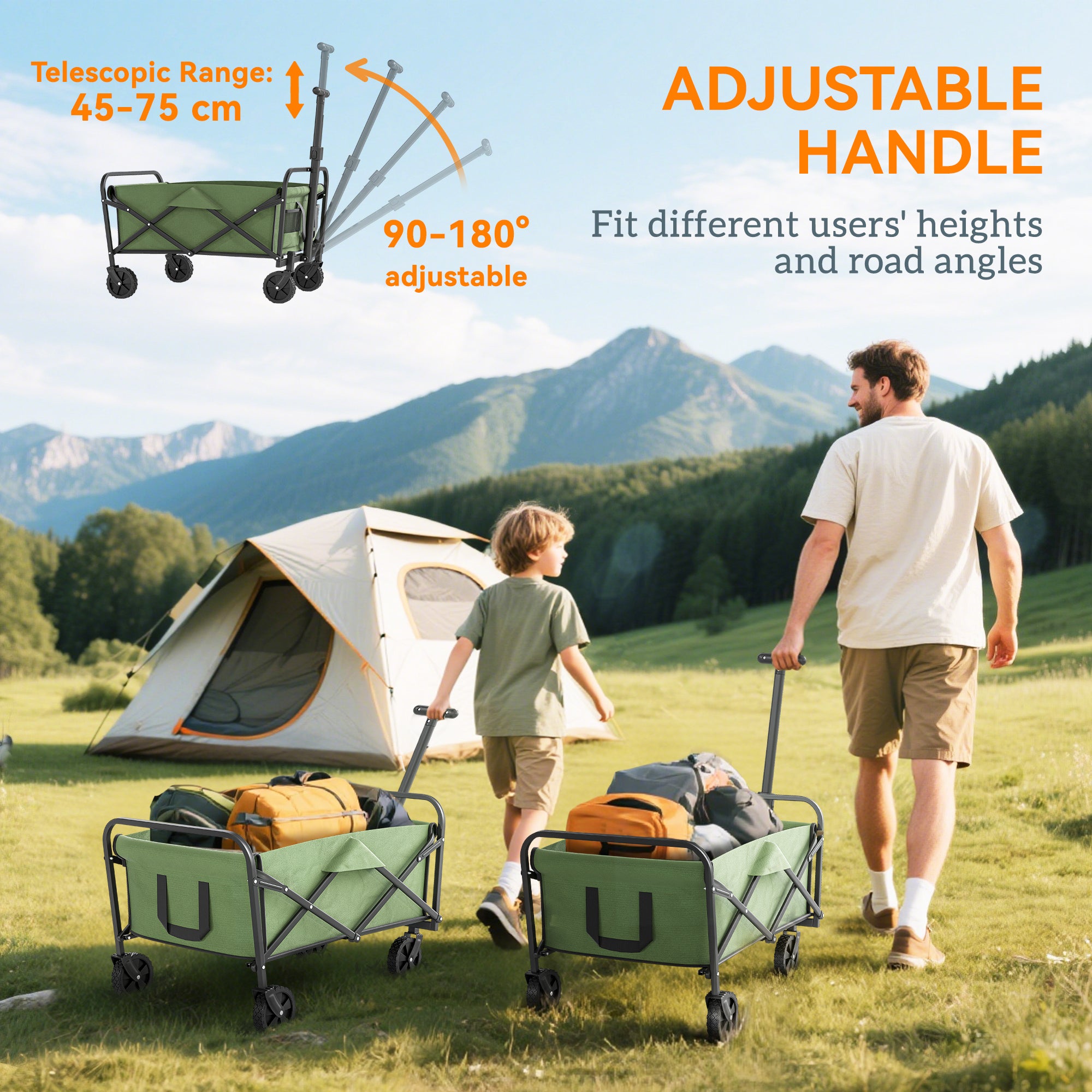 93L Festival Trolley on Wheels, Garden Folding Trolley Cart, 120kg Heavy Duty Collapsible Folding Wagon with Adjustable Handle and Carrying Bag for Beach, Camping, Festival, Green