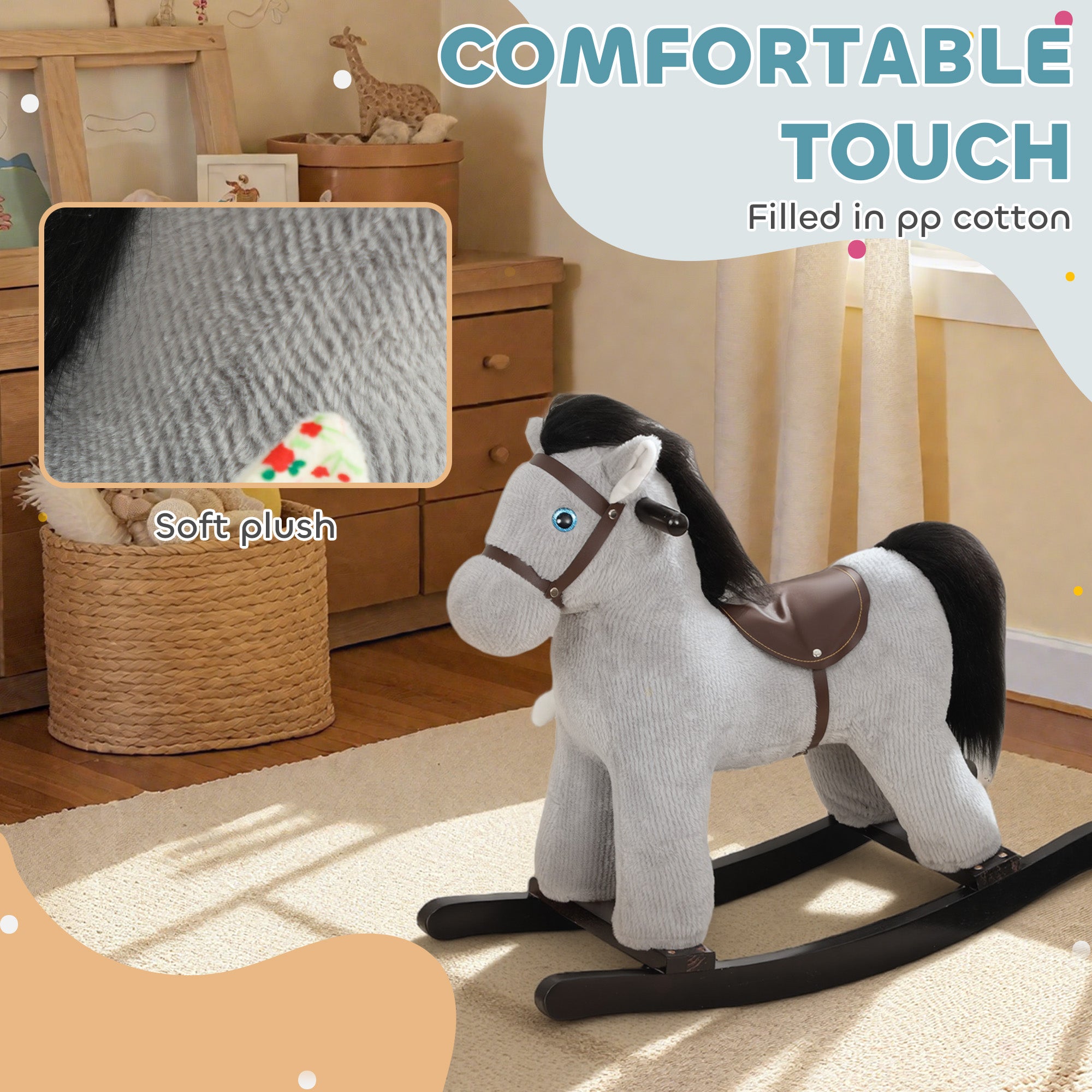 Baby Rocking Horse, Plush Ride on Toy with Handle Grip, Sound and Doll, Toddler Animal Rocker for Kids Aged 2-5, Grey