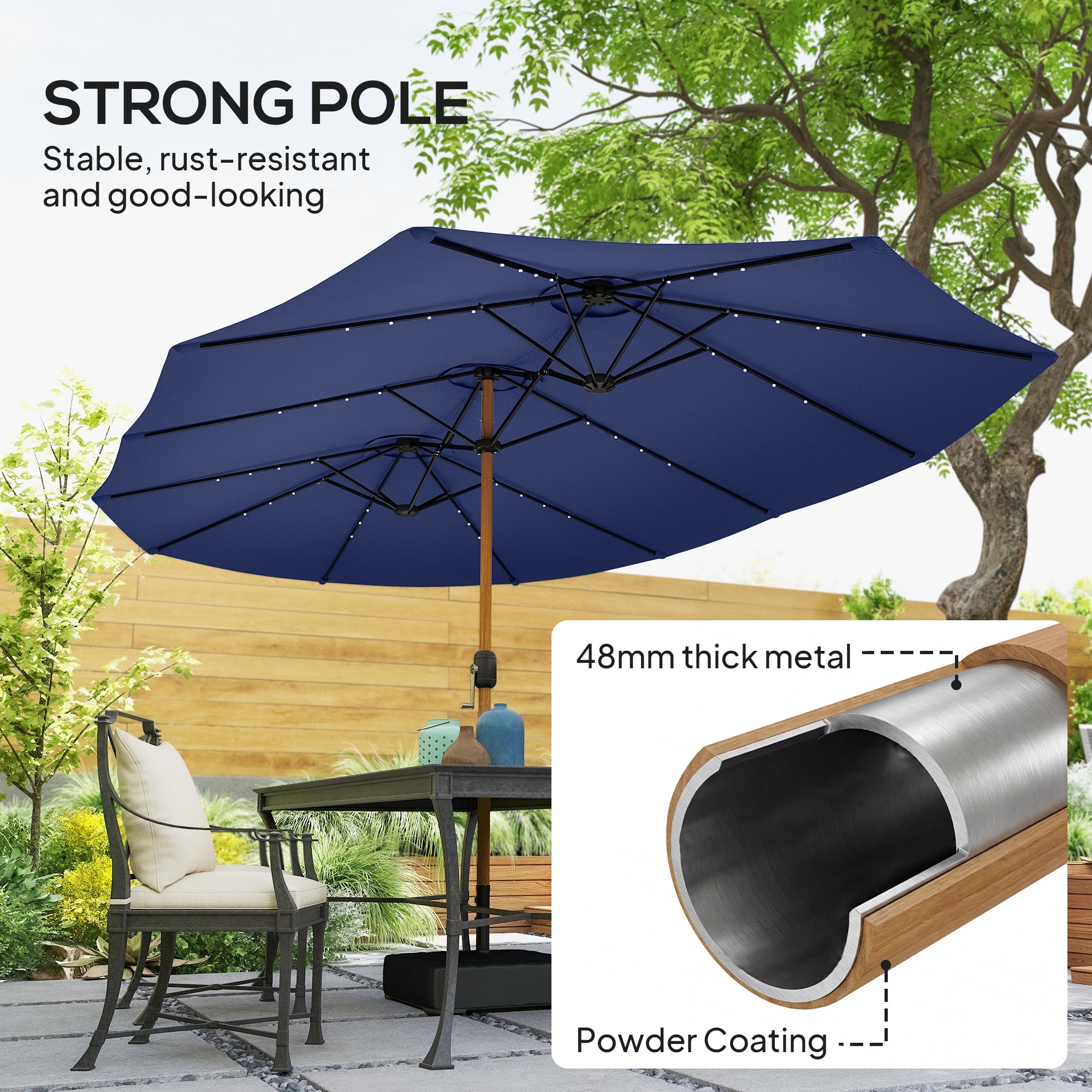 Double Sided Garden Parasol with Base Included & 48 Solar LED Lights Patio Umbrella Crank Handle 4.6m Dark Blue