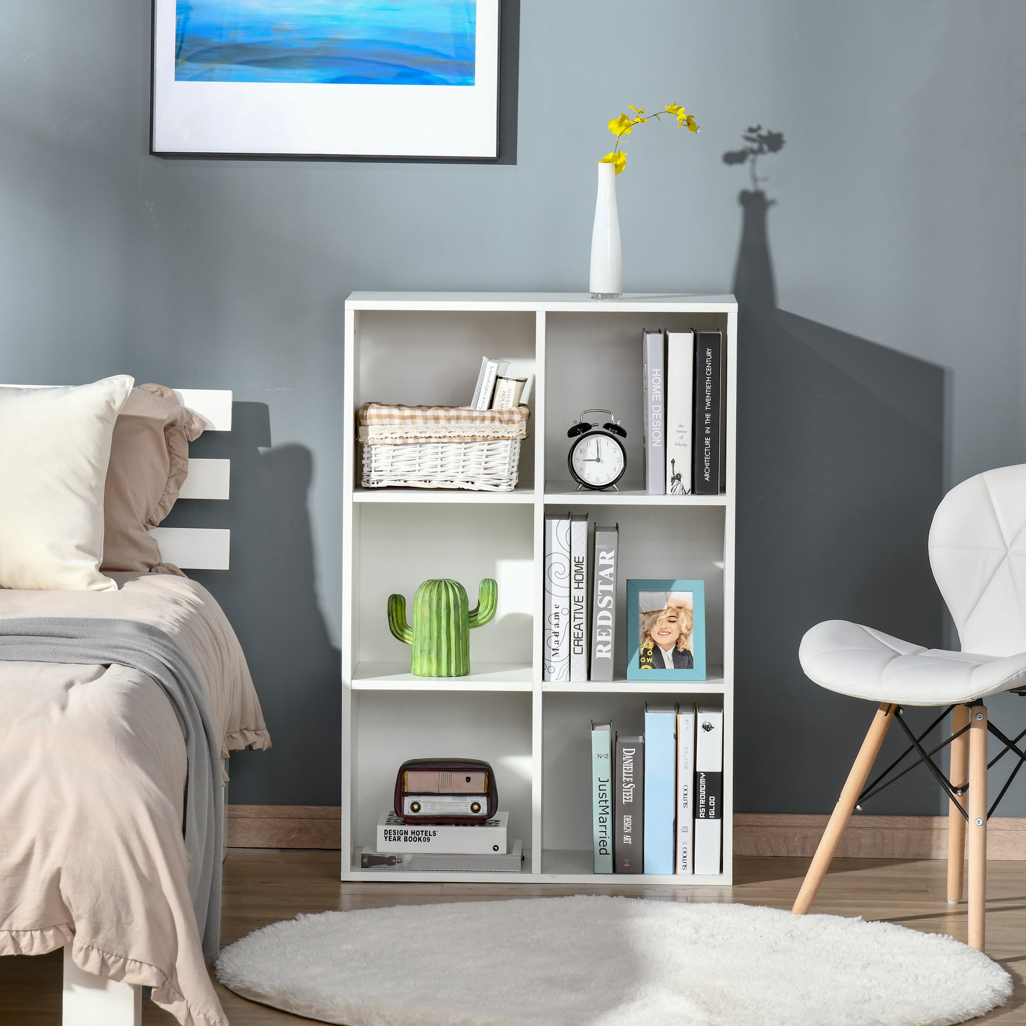 Six-Cube Bookcase Storage Unit with Anti-Tip Straps - White Wood Effect