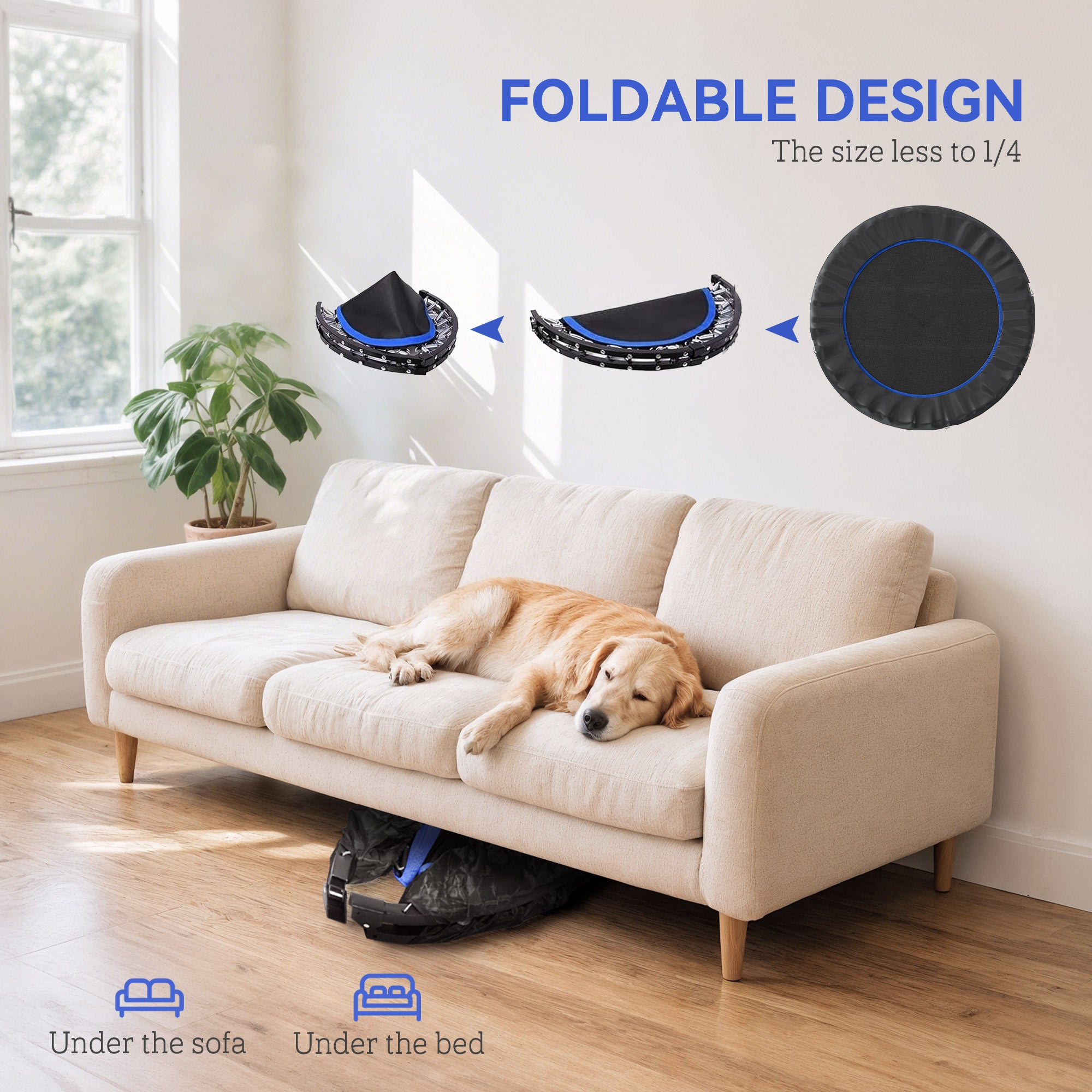 45" Foldable Mini Fitness Trampoline, with Adjustable Foam Handle, Blue