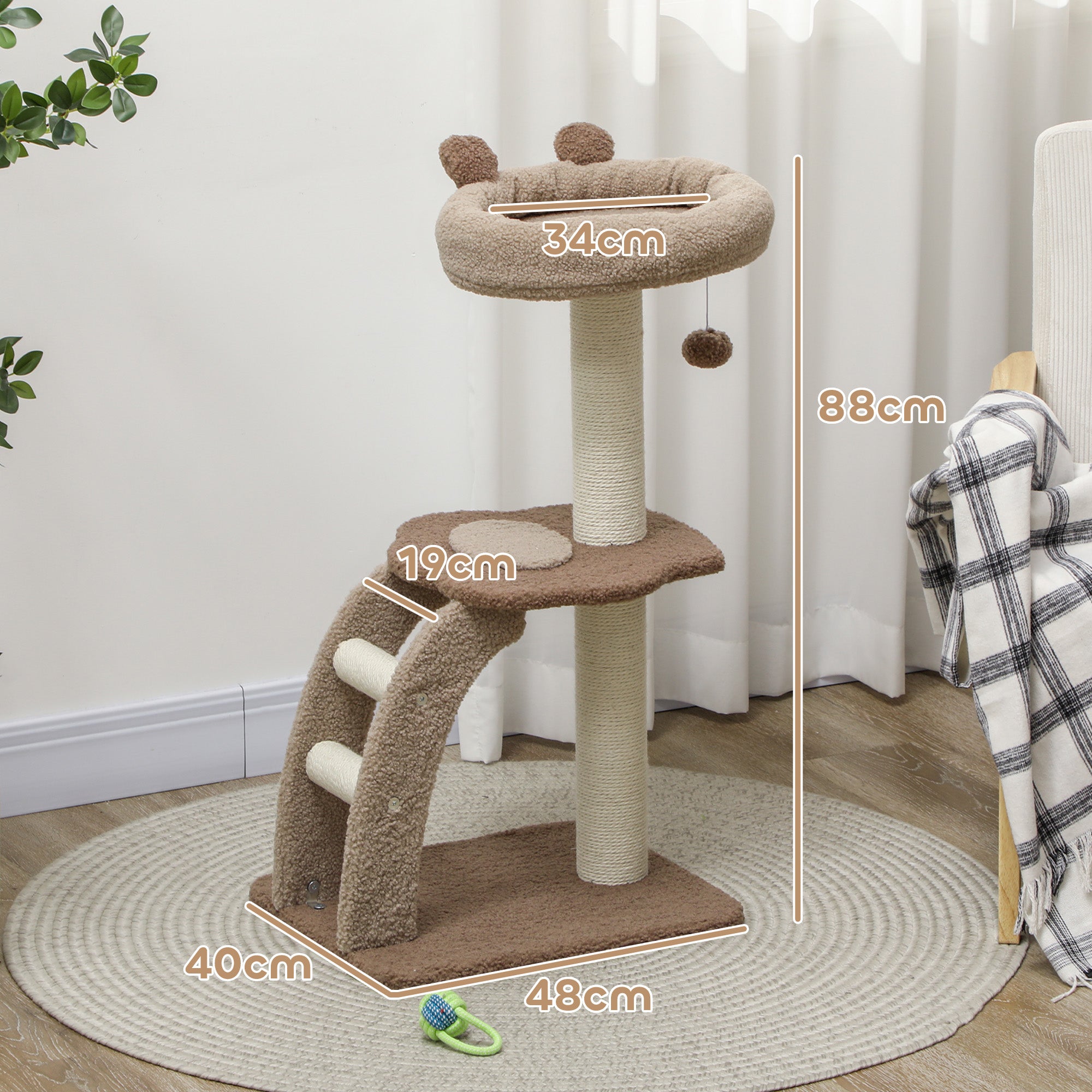 Cat Tee for Indoor Cats, 88cm Cat Tower with Sisal Scratching Post, Hanging Ball, Large Cat Perch, Stairs, Brown