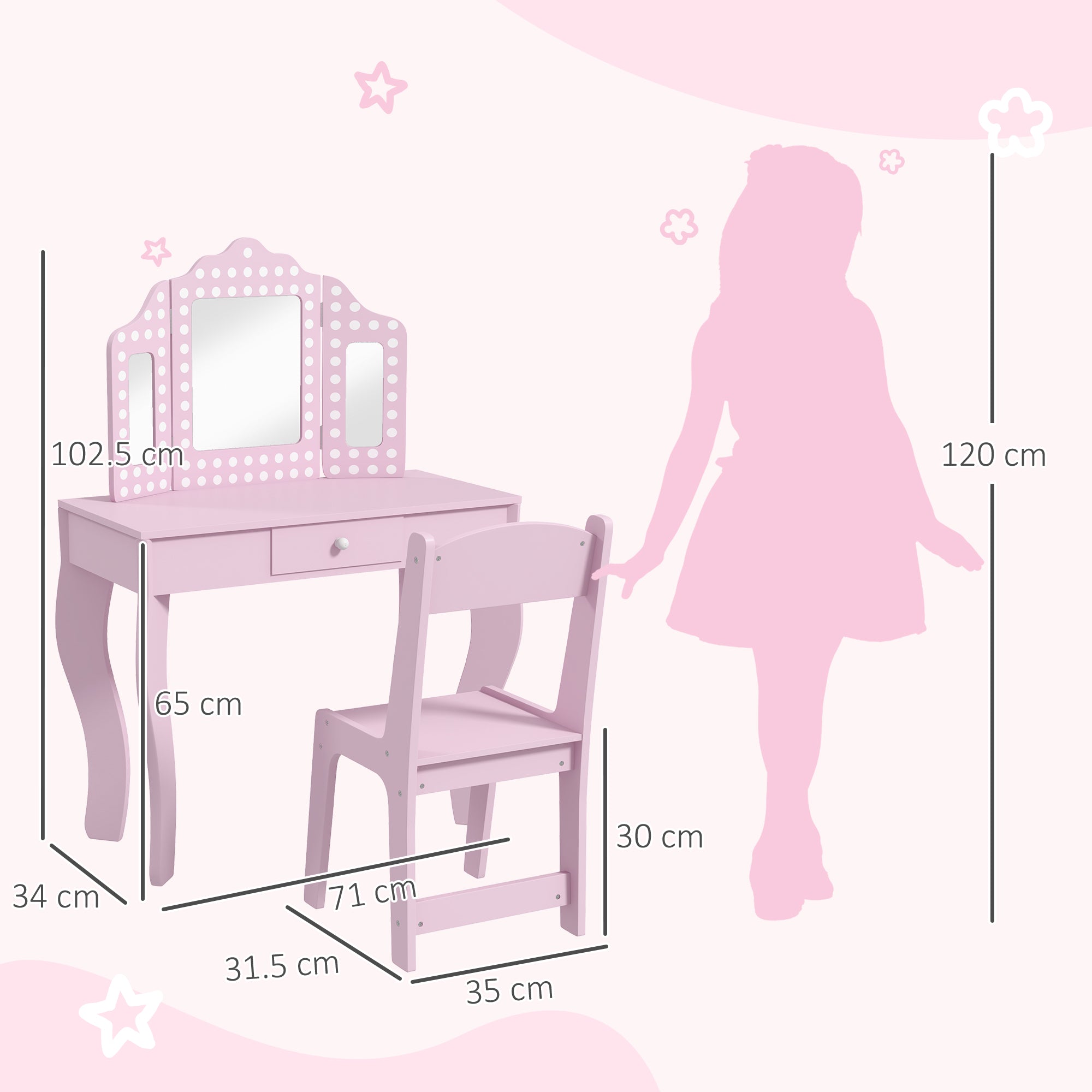 Kids Dressing Table Sets with Stool and Tri-Fold Mirror, Drawer for Playroom, Bedroom - Pink