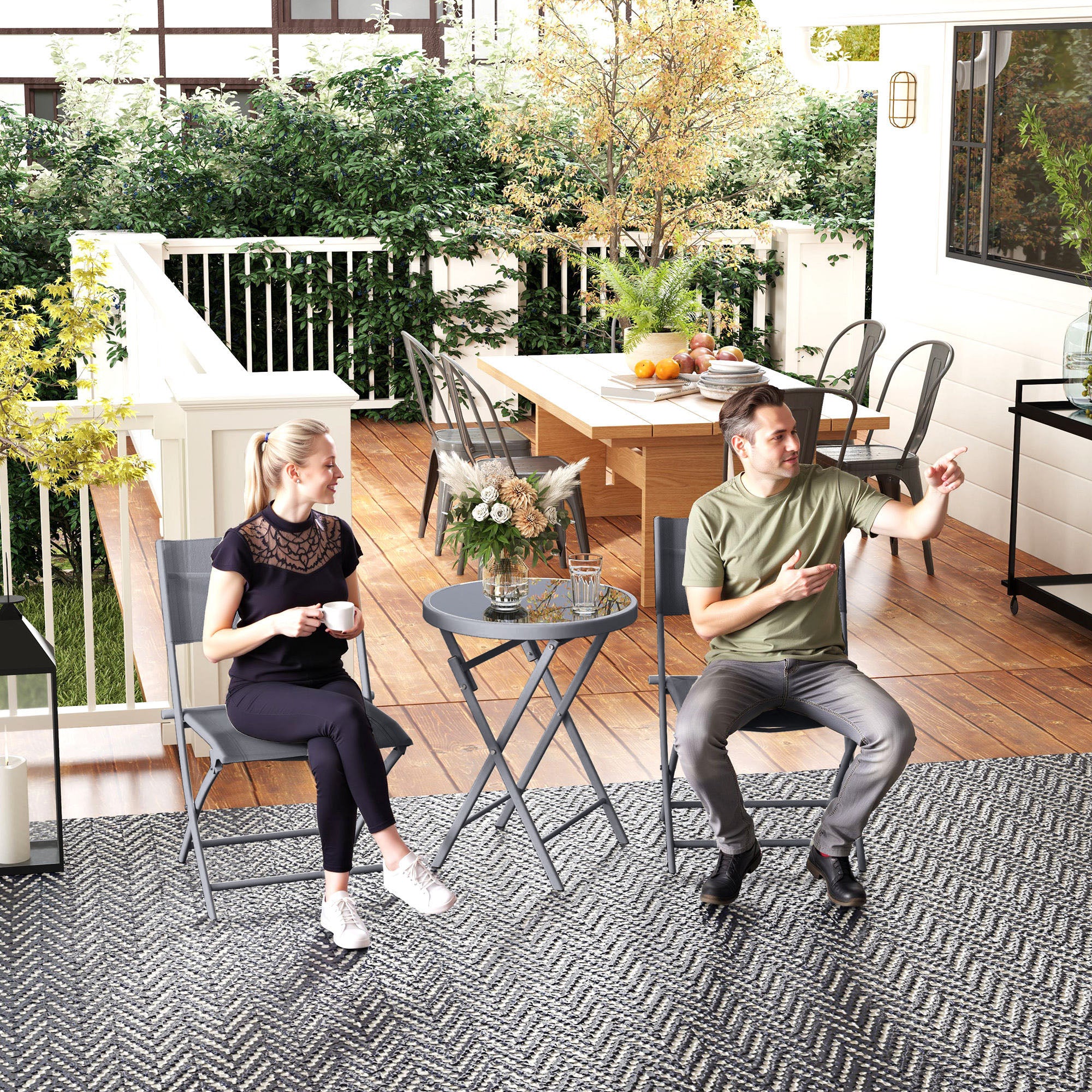 3 Pieces Outdoor Bistro Set, Glass Top Outdoor Table and 2 Folding Chairs with Protecting Feet, Grey