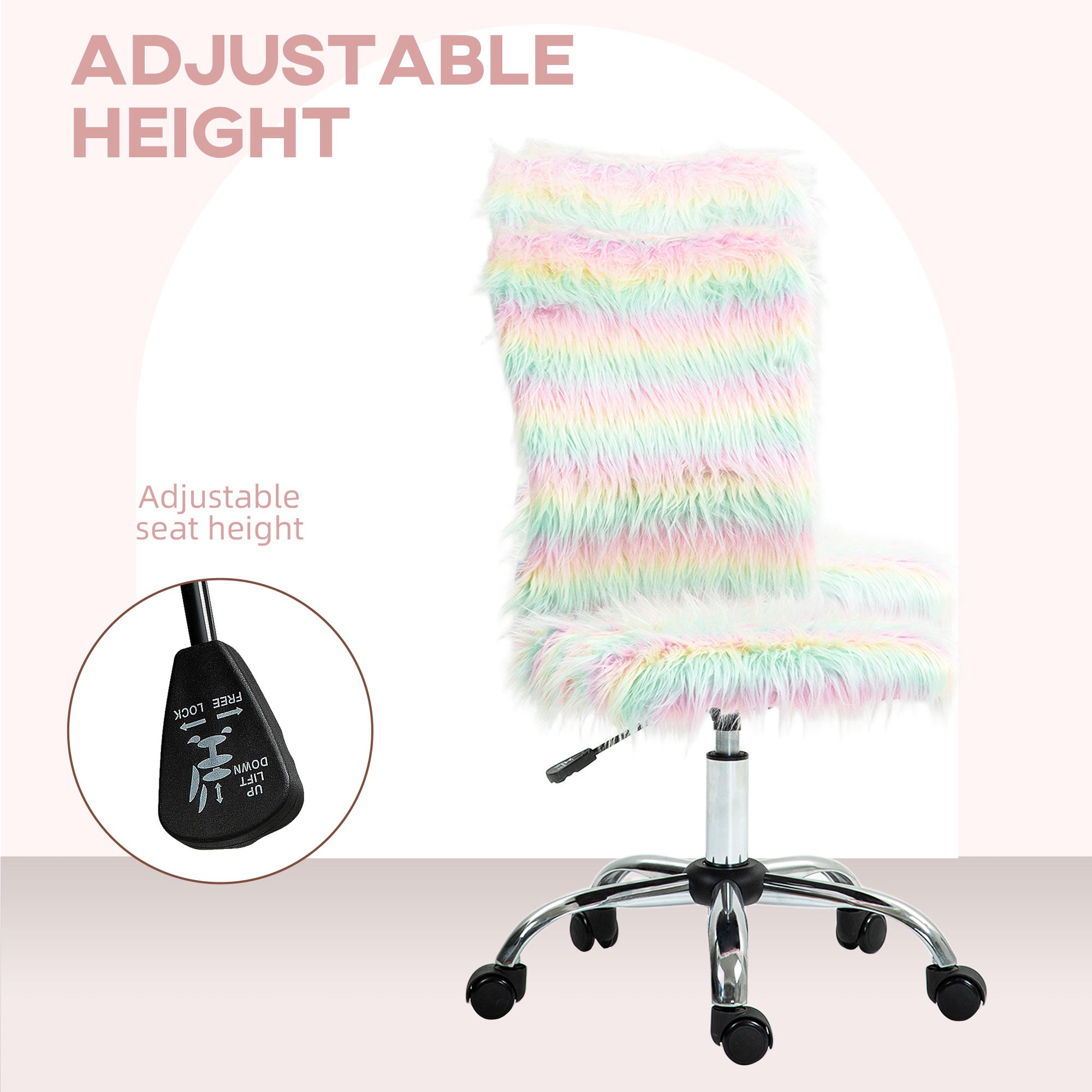 Armless Computer Desk Chair, Fluffy Fabric Swivel Office Chair, Makeup Vanity Chair with Height Adjustable, Wheels, for Home Study Bedroom, Multicolour