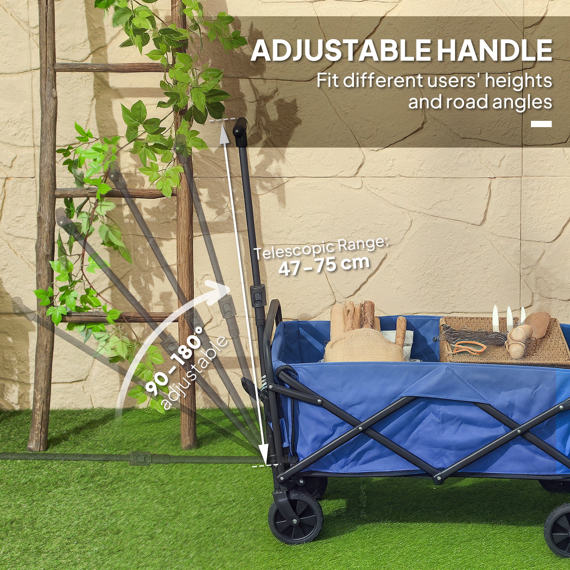 93L Festival Trolley on Wheels, Garden Folding Trolley Cart, 120kg Heavy Duty Collapsible Folding Wagon with Adjustable Handle and Carrying Bag for Beach, Camping, Festival, Blue