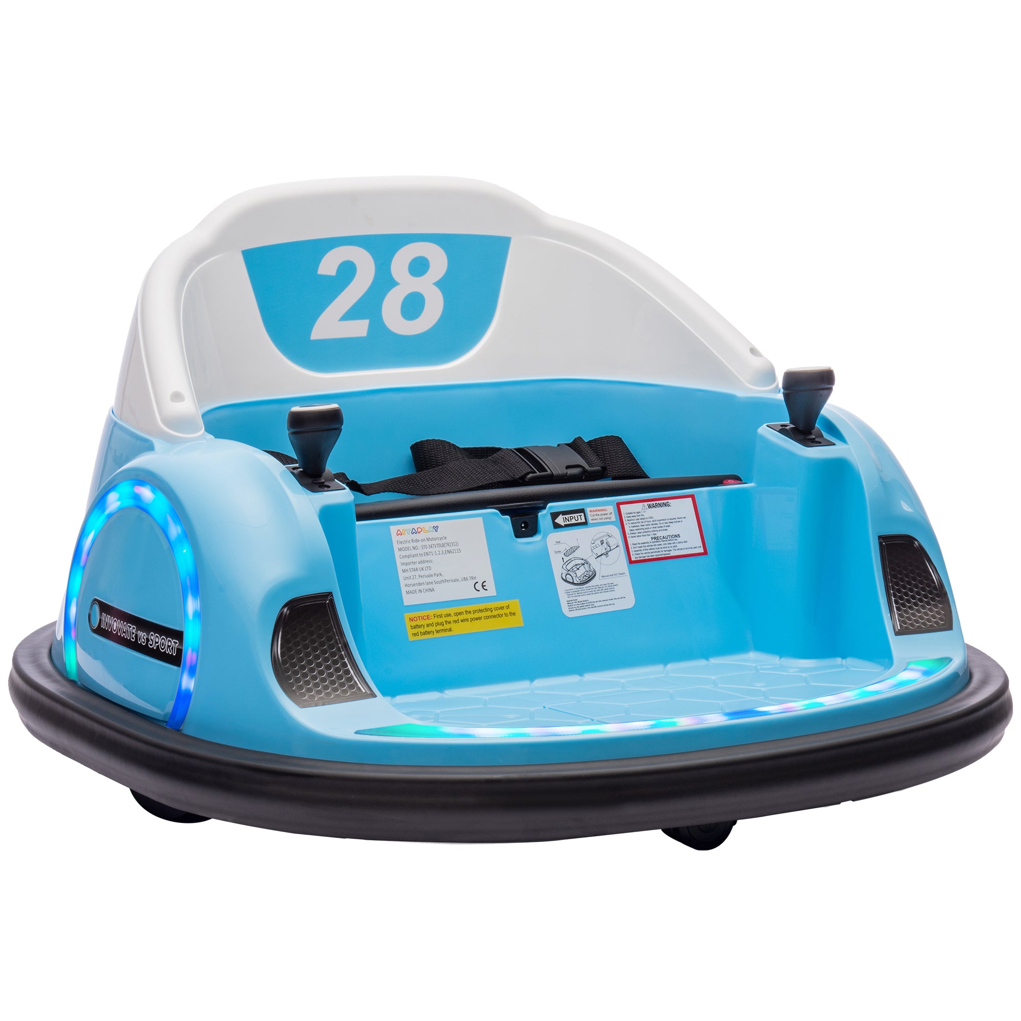 360° Rotation Kids Bumper Car, 12V Waltzer Car with Remote Control, Dual Joysticks, Music Lights - Light Blue