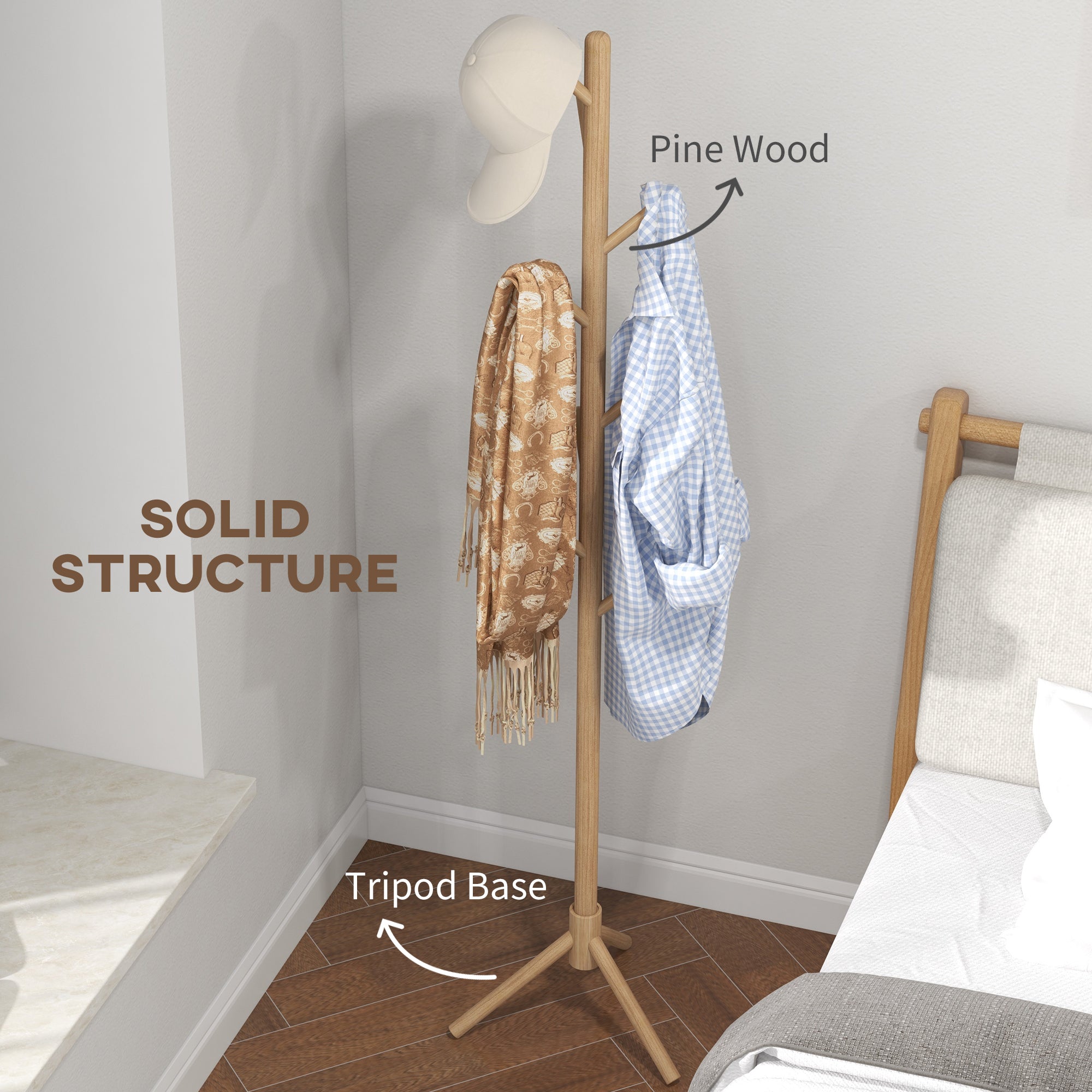 Eight-Hook Wooden Coat Rack - Natural