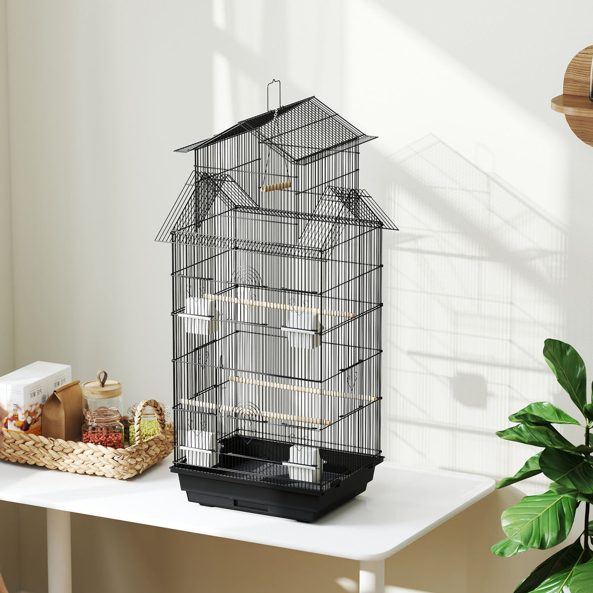 Metal Bird Cage with Swing, Perch, Food Containers & Tray for Finches Canaries 43x32.5x104cm - Black