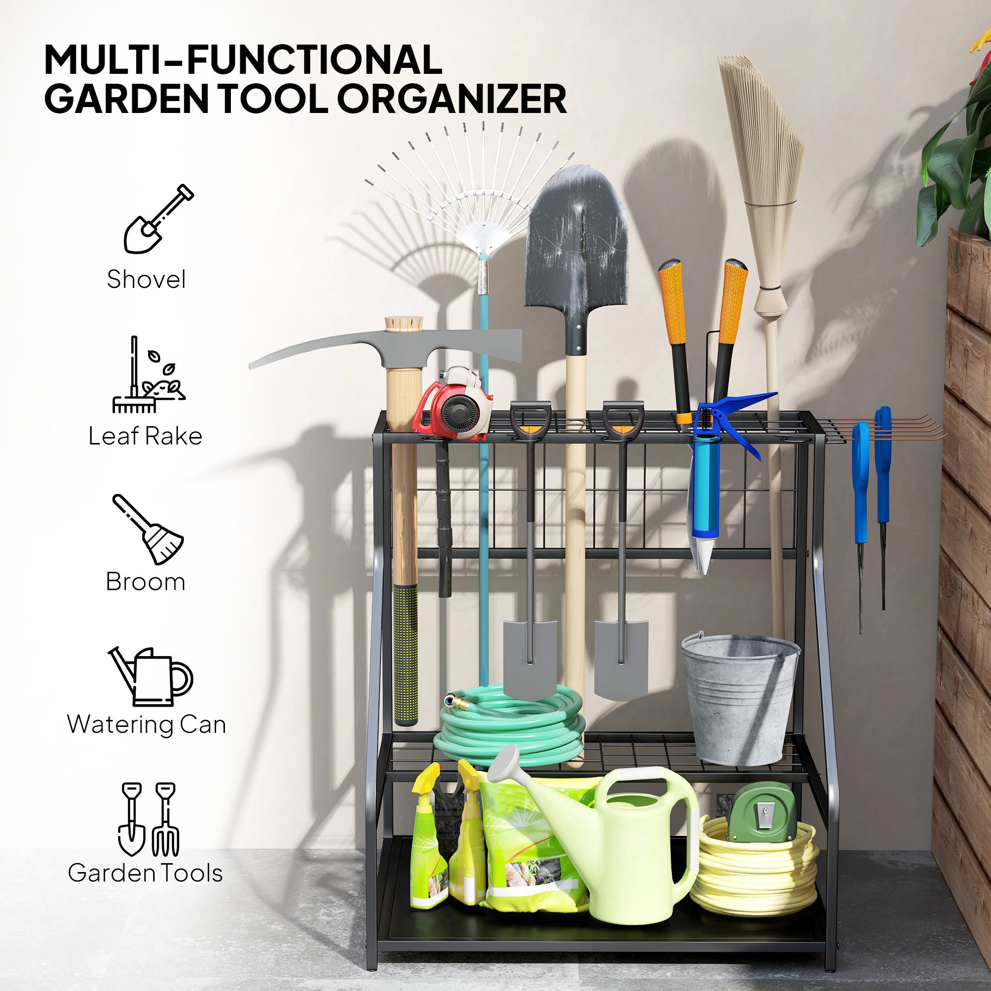 Garden Tool Storage Rack, 3-Tier Garden Tool Rack with 11 Hooks for Long-Handled, Broom, Shovel, Rake, Holds 20 Tools