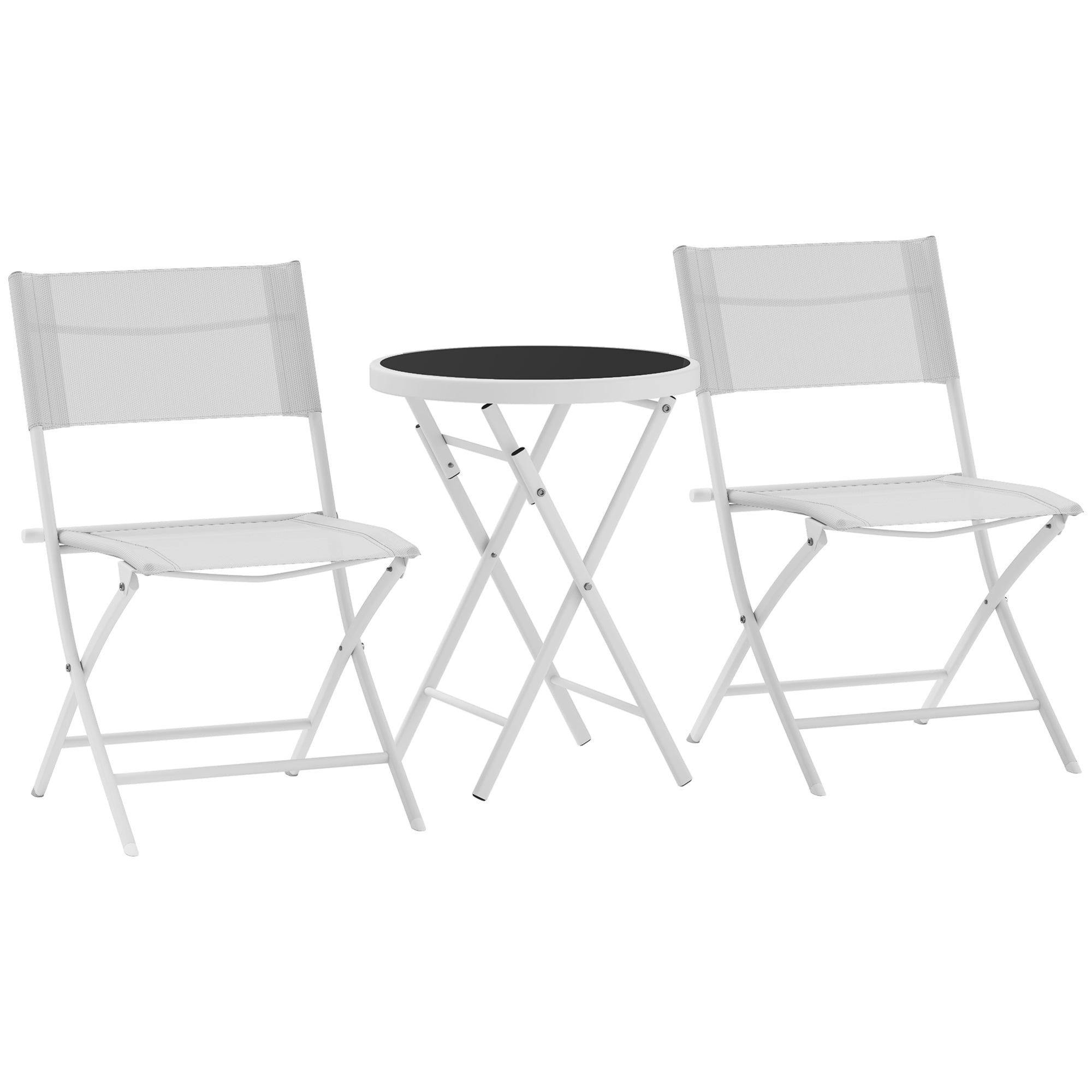 3 Piece Outdoor Bistro Set with Glass Top Table and Folding Chairs - White