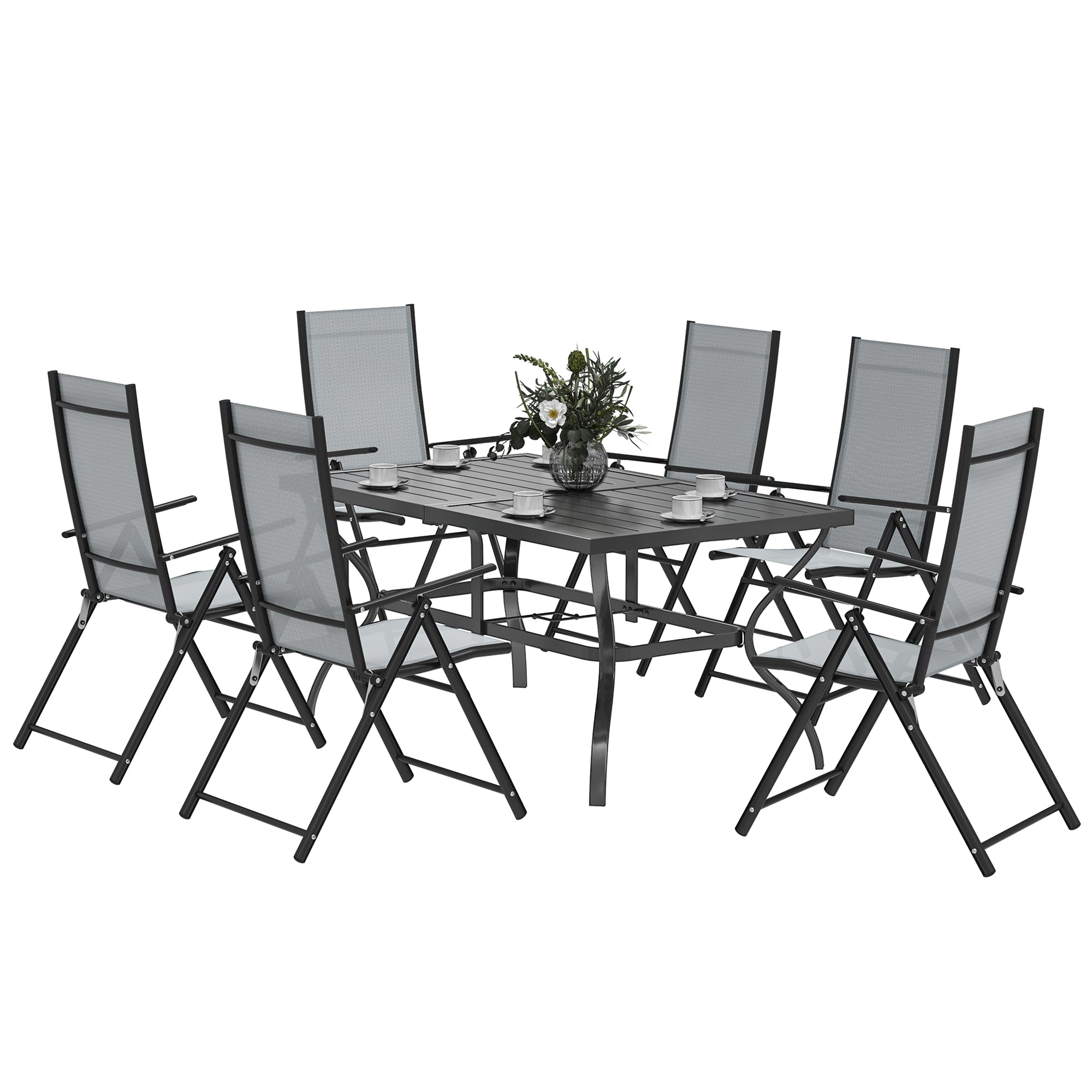 7 Piece Steel Outdoor Dining Set with Parasol Hole - Grey