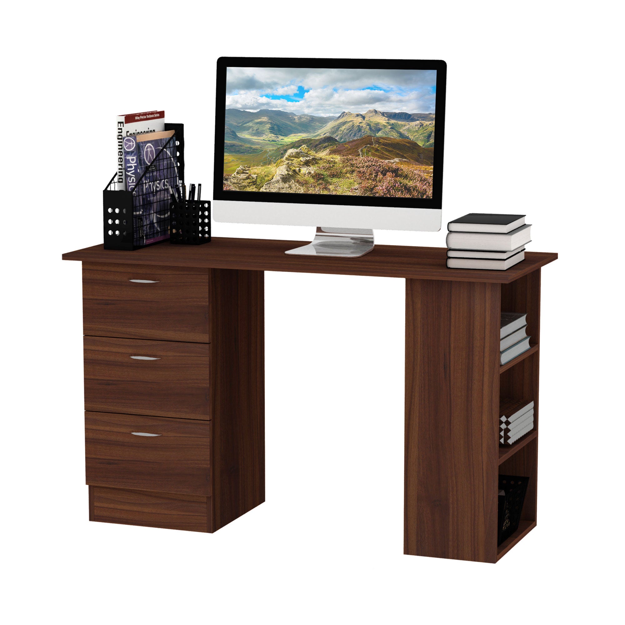 Computer Desk, Writing Table, PC Workstation with 3 Storage Shelves and Drawers, Silver Handle, for Home Office, Walnut