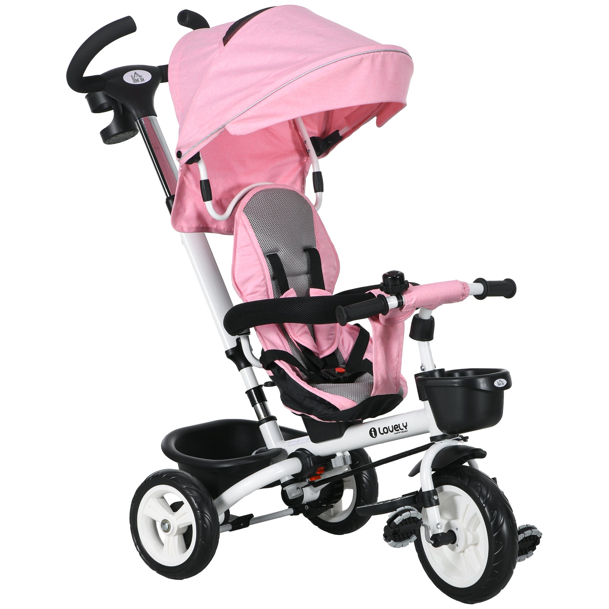 Metal Frame 6 in 1 Baby Push Tricycle with Parent Handle for 1-5 Years Old, Pink