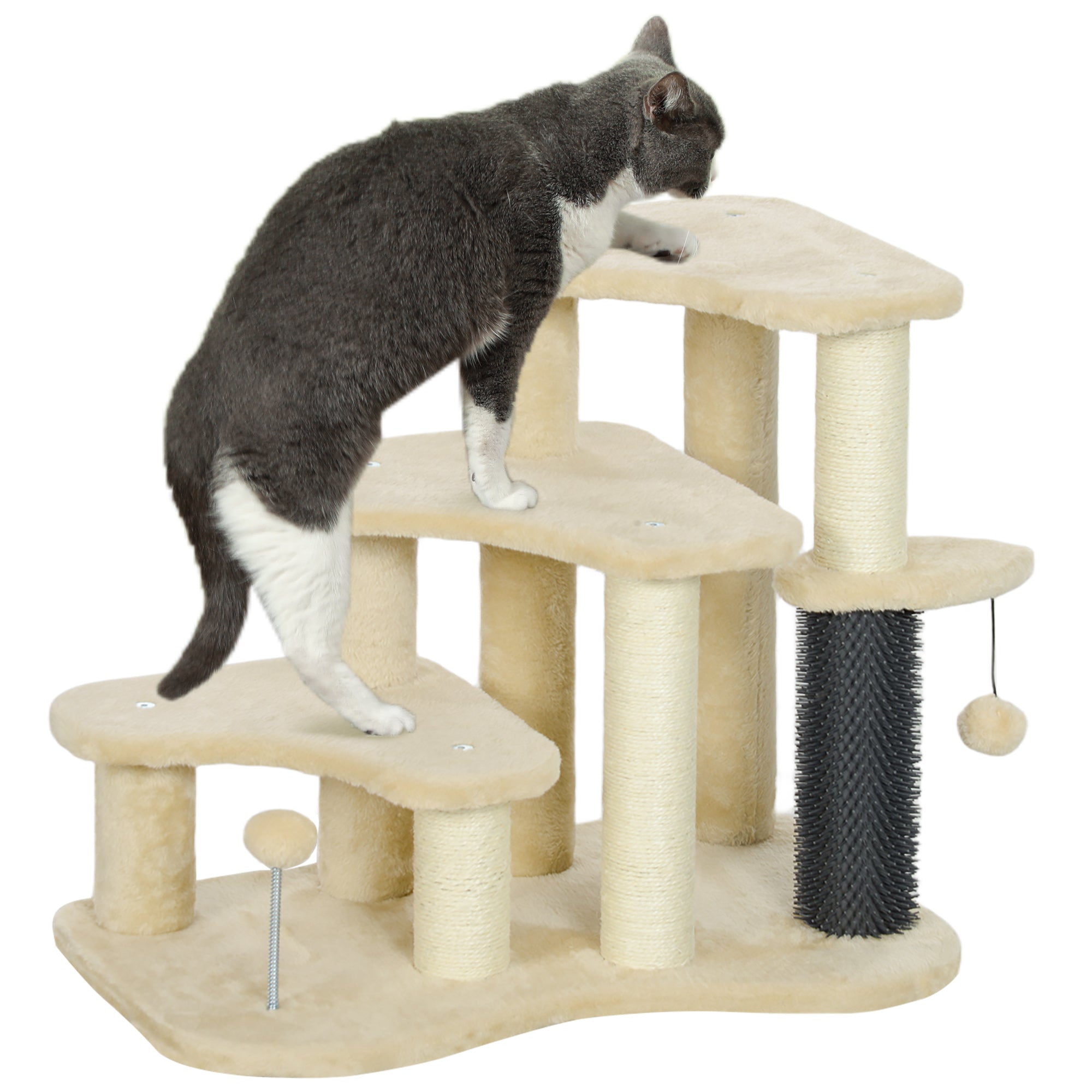 2-in-1 Cat Tree, Pet Stairs with Scratching Tickling Post, Toy Balls, for Bed, Sofa, Couch, Beige