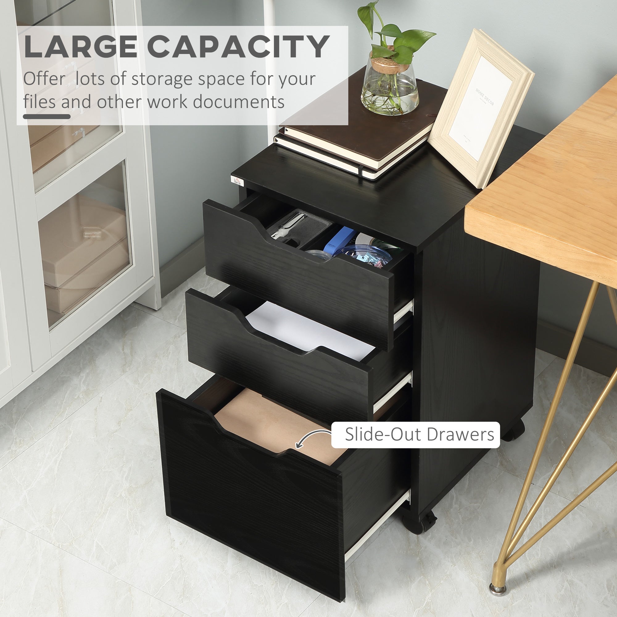 3 Drawer Storage Cabinet with Wheels for Home Office, Black