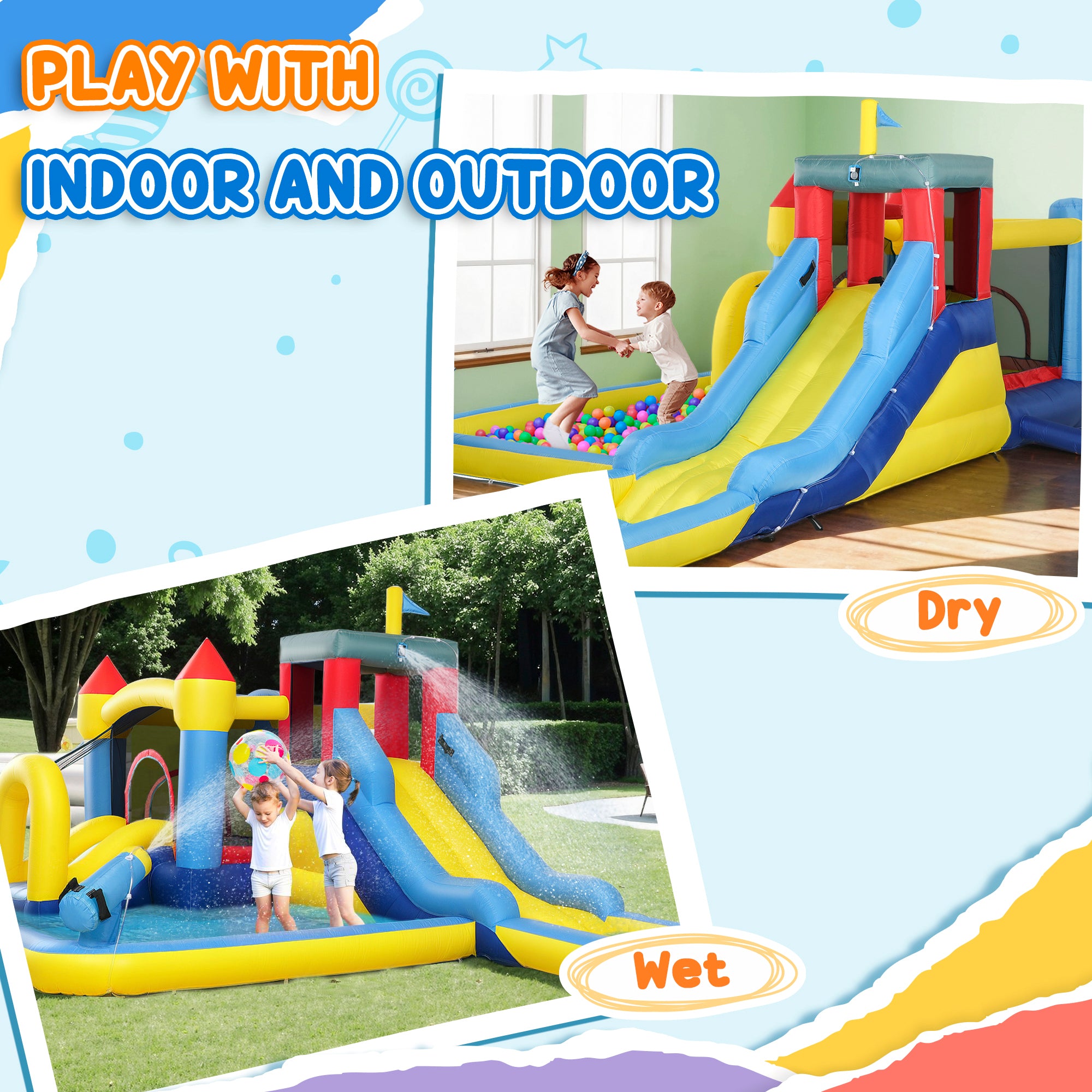 Inflatable Bouncy Castle, Kids Water Bounce House 6 in 1 with 550W Blower, 2 Slides for Garden, Party, Outdoor Indoor