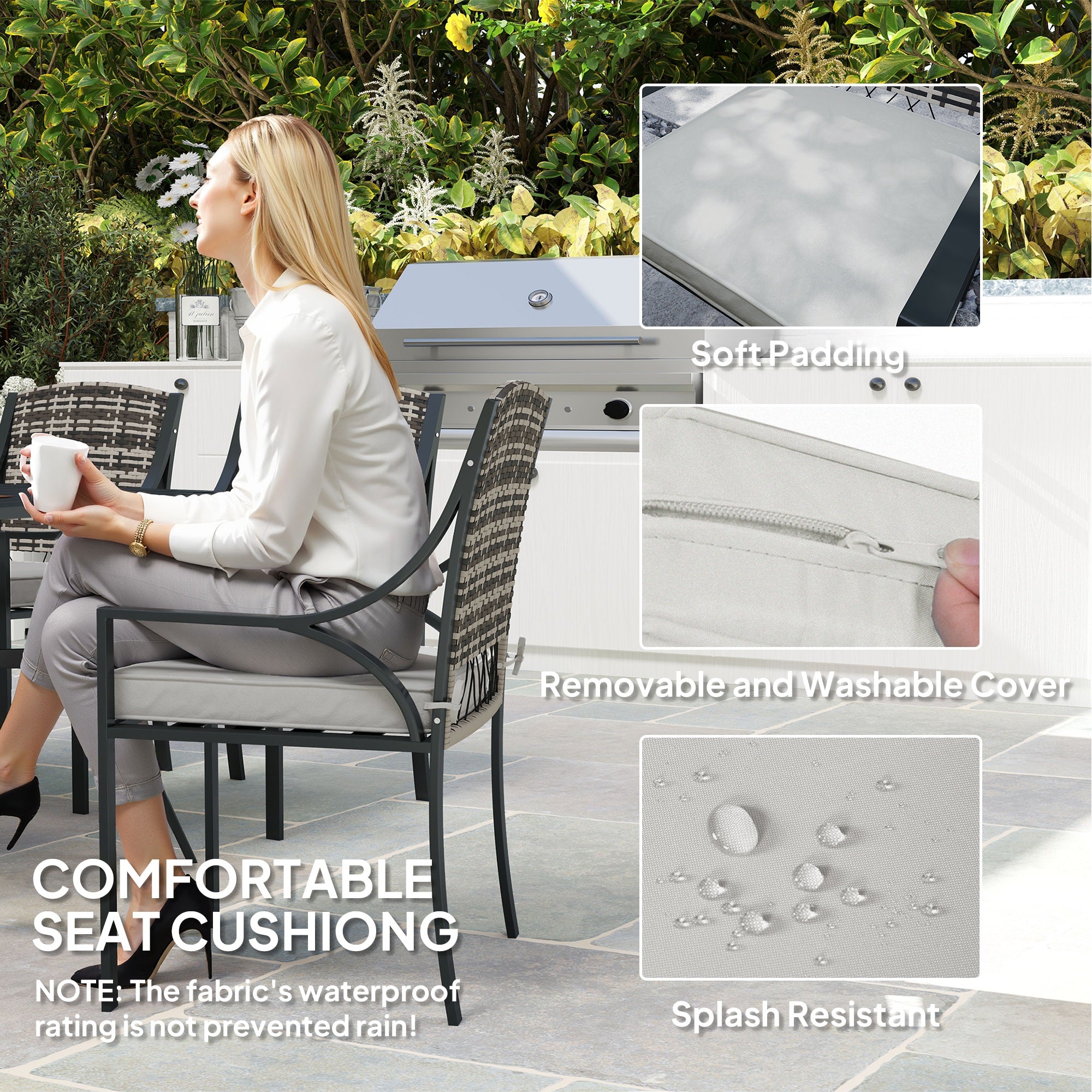 Rattan Garden Furniture Set with Cushions, 6 Seater Rattan Dining Set with 6 Armchairs, 150 x 96cm Rectangular Table, Umbrella Hole, for Outdoor, Patio, Balcony, Terrace, Conservatory