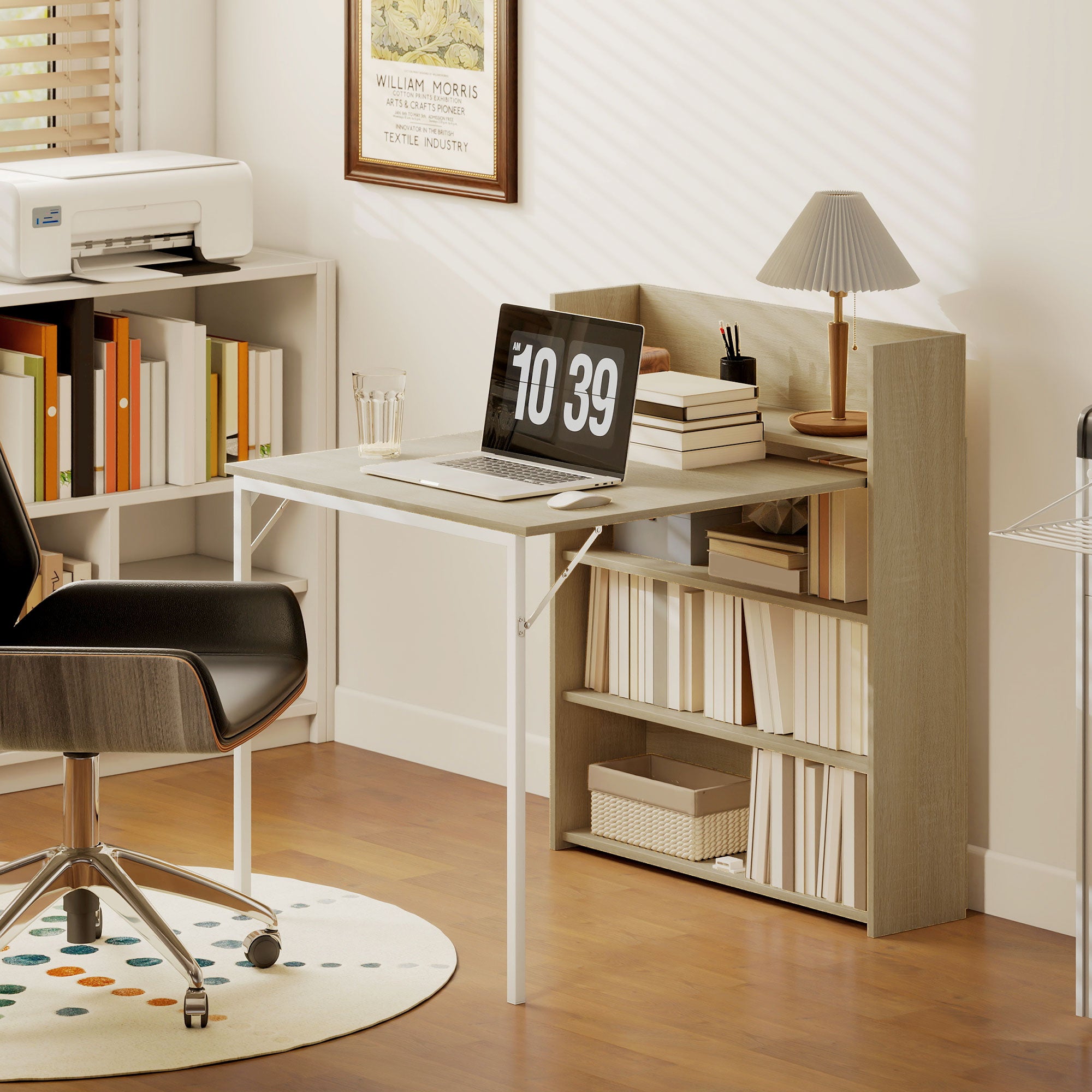Kitchen Table, Folding Dining Table, with 4-Tier Shelves, Modern Drop-Leaf Table, Oak Wood Effect