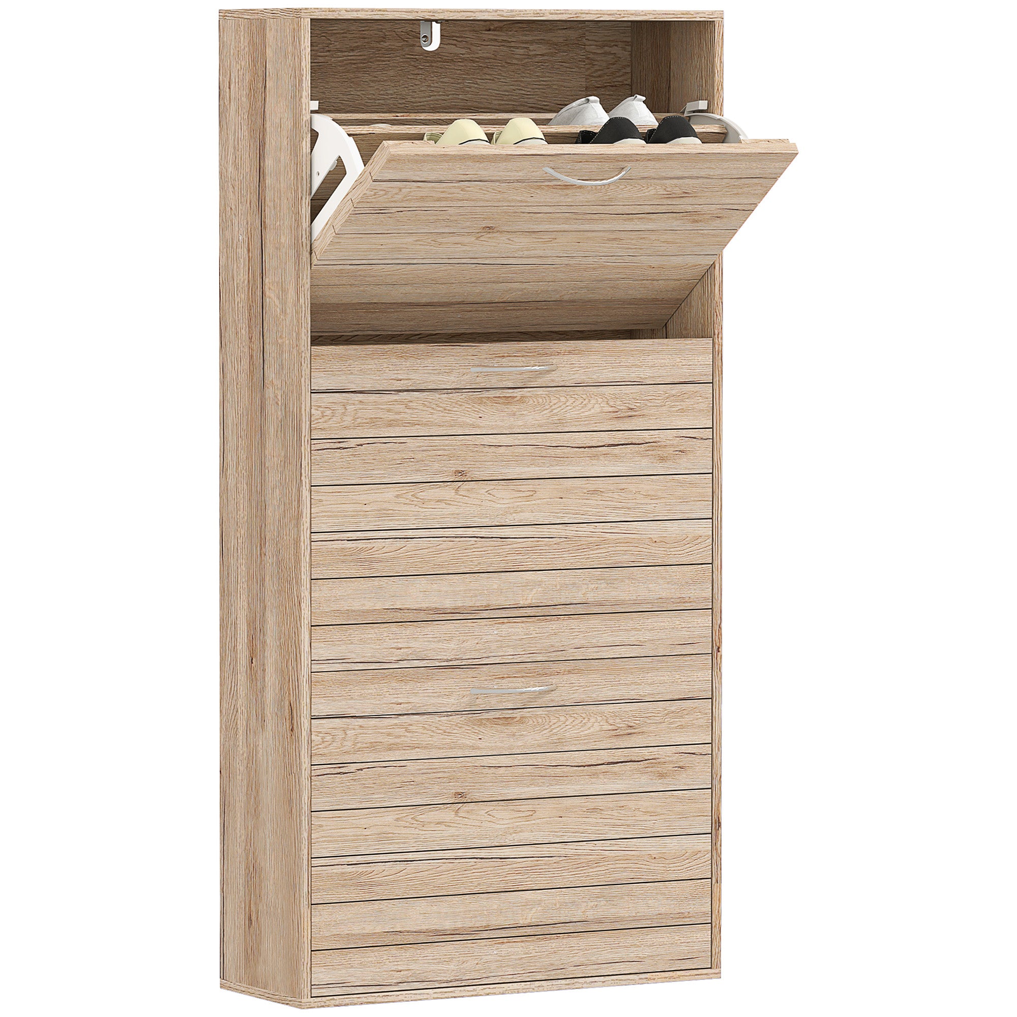 12-Shoe Flip Drawer Storage Cabinet with Adjustable Shelves - Brown Wood-Effect