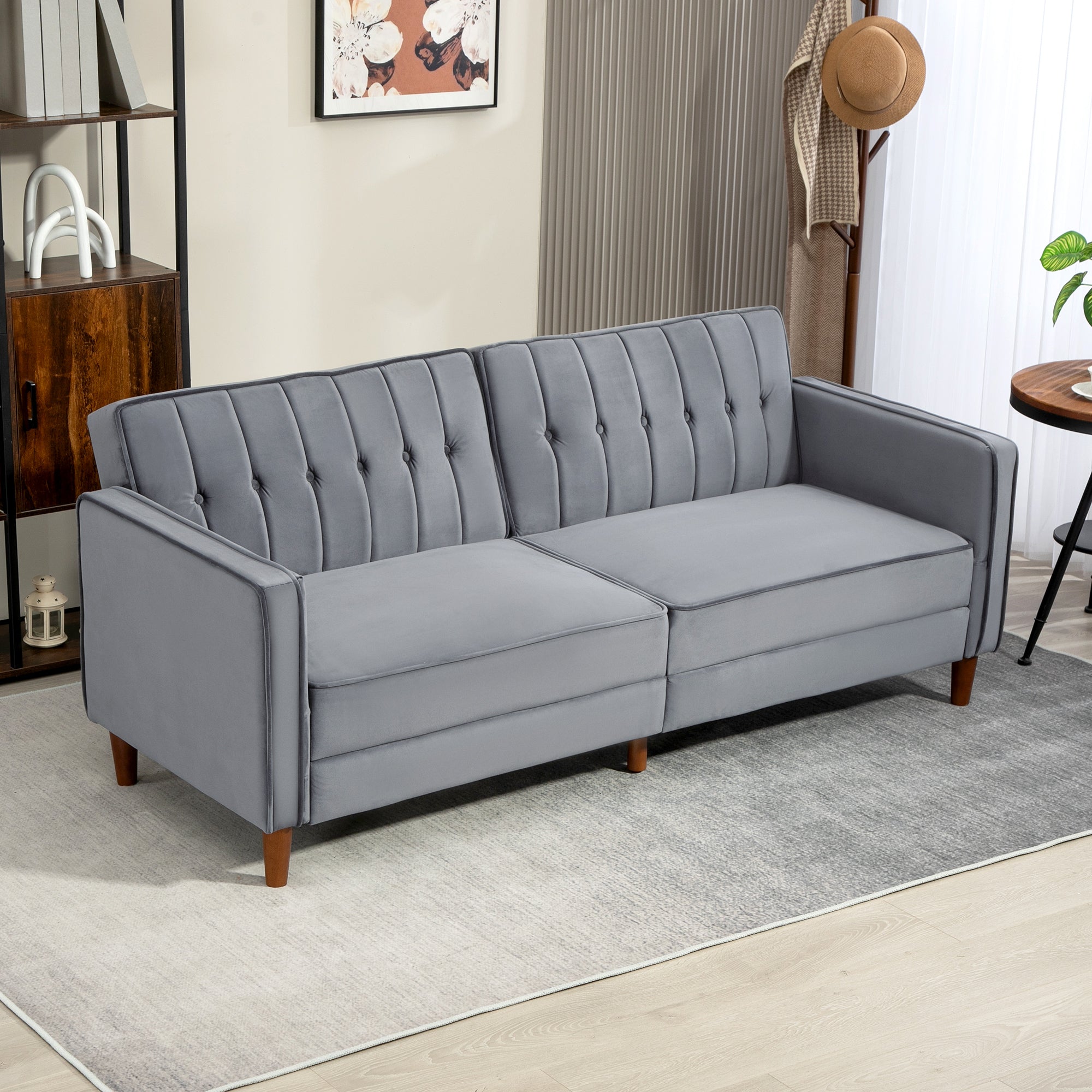 Velvet-Feel Three-Seater Sofa Bed with Adjustable Backs - Dark Grey