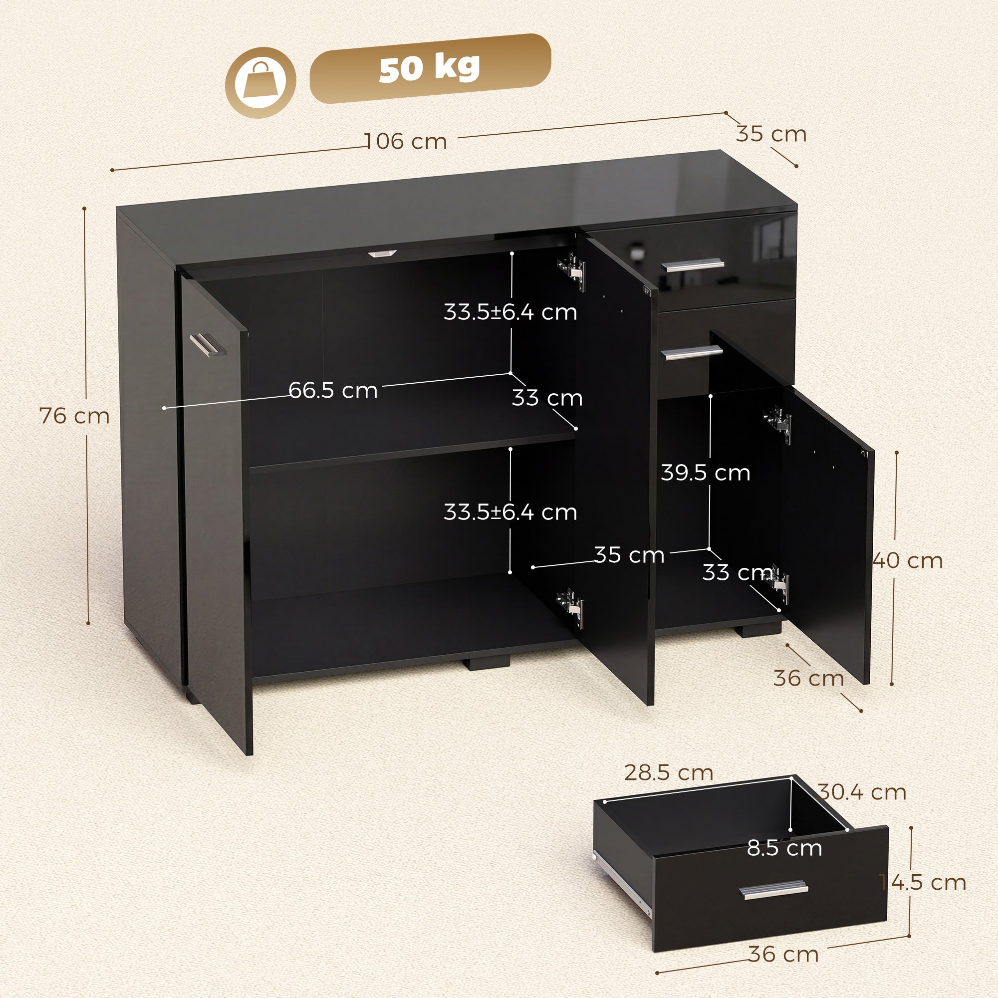 Sideboard, Modern Storage Cabinet with 2 Drawers, 3 Doors and Adjustable Shelves, High Gloss Black