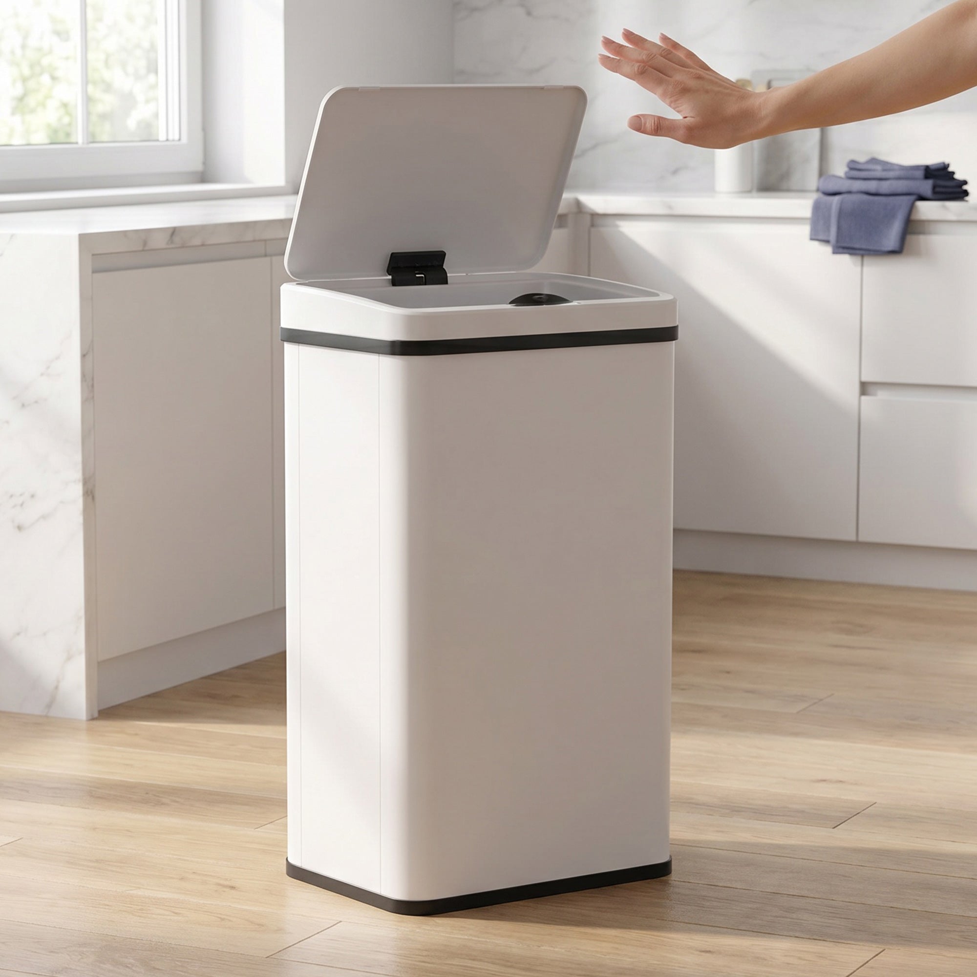40L Sensor Bin with Soft-Close Lid, Stainless Steel Automatic Touchless Motion Sensor Kitchen Bin, White