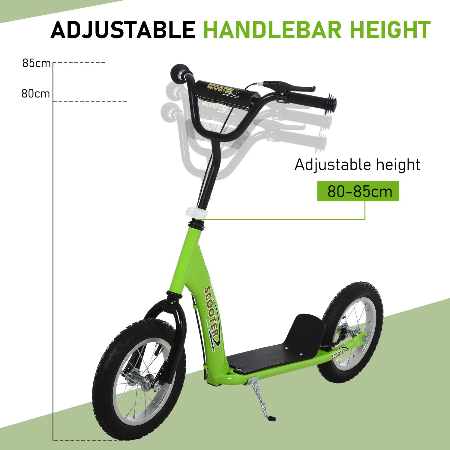 Teen Kids Stunt Scooter w/ Adjustable Handlebar, 12 Inch Rubber Tyres, Dual Brakes, Green