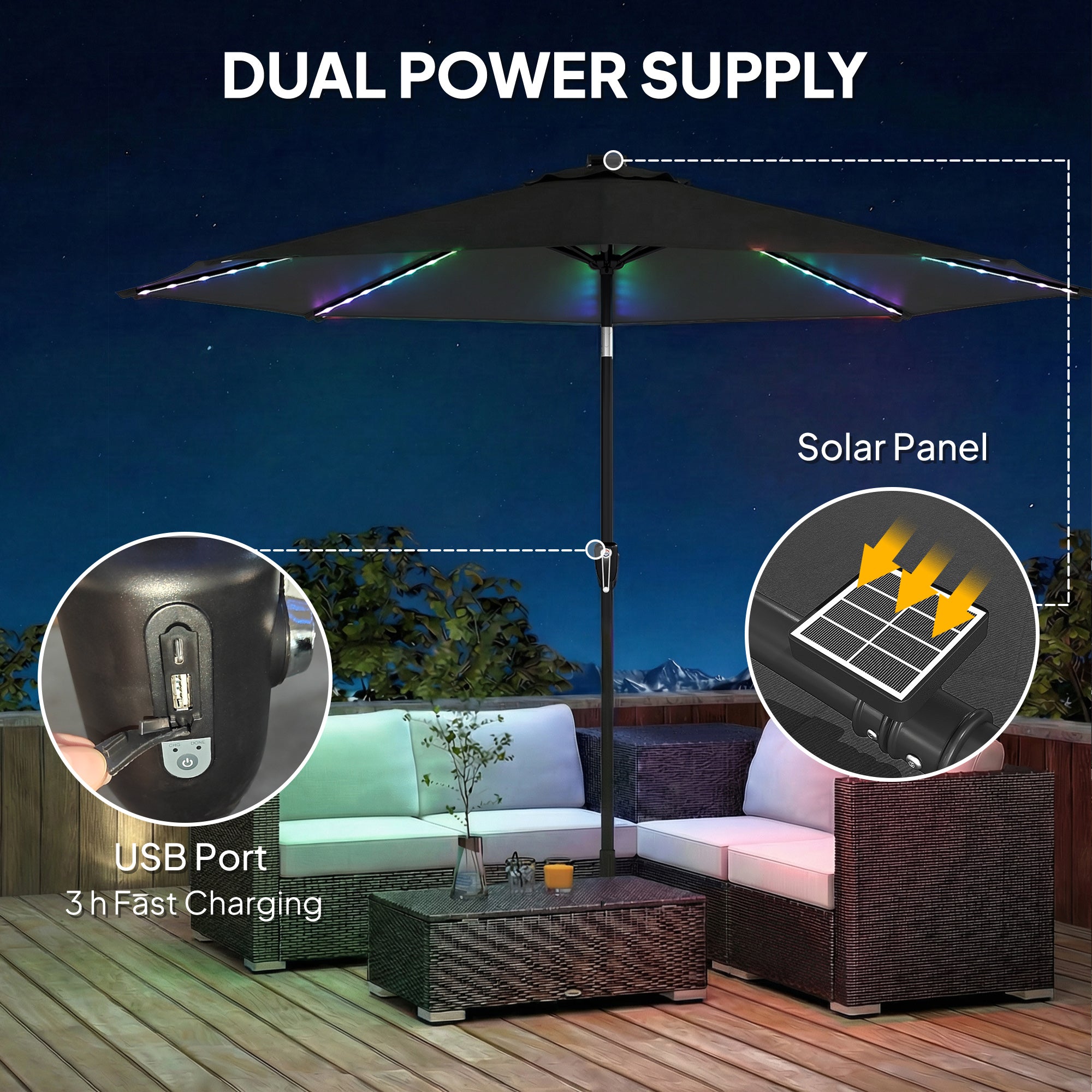 3 m Garden Parasol Umbrella with 112 Solar Powered LED Lights, Patio Umbrella with Crank Handle, Black