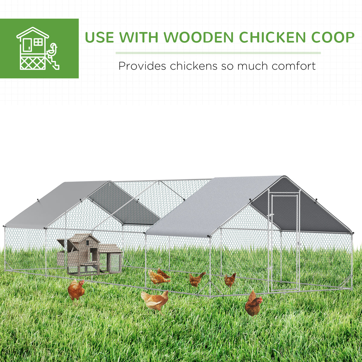 Chicken Run Galvanised Walk-in Chicken Coop Hen Poultry House Cage Rabbit Hutch with Water-Resist Cover, 3 x 8 x 2m