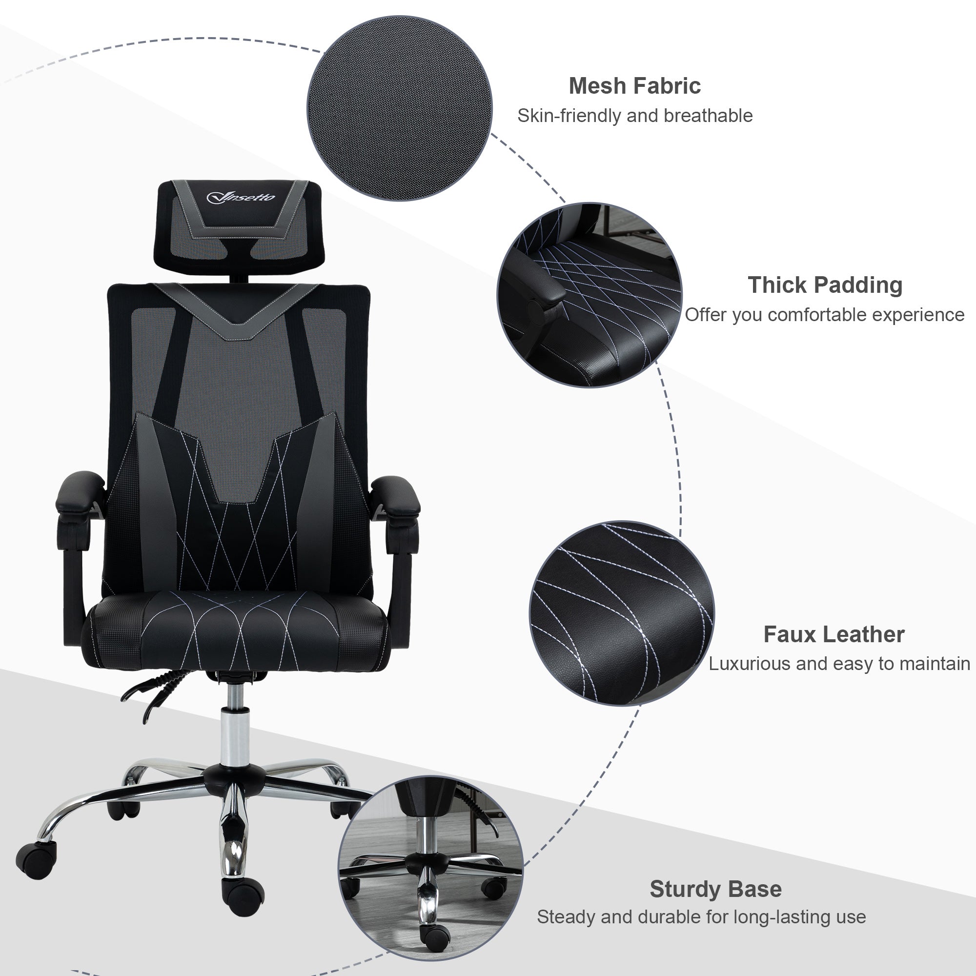 Office Chair Ergonomic Desk Chair with Rotate Headrest, Lumbar Support & Adjustable Height, 360° Swivel Computer Chair