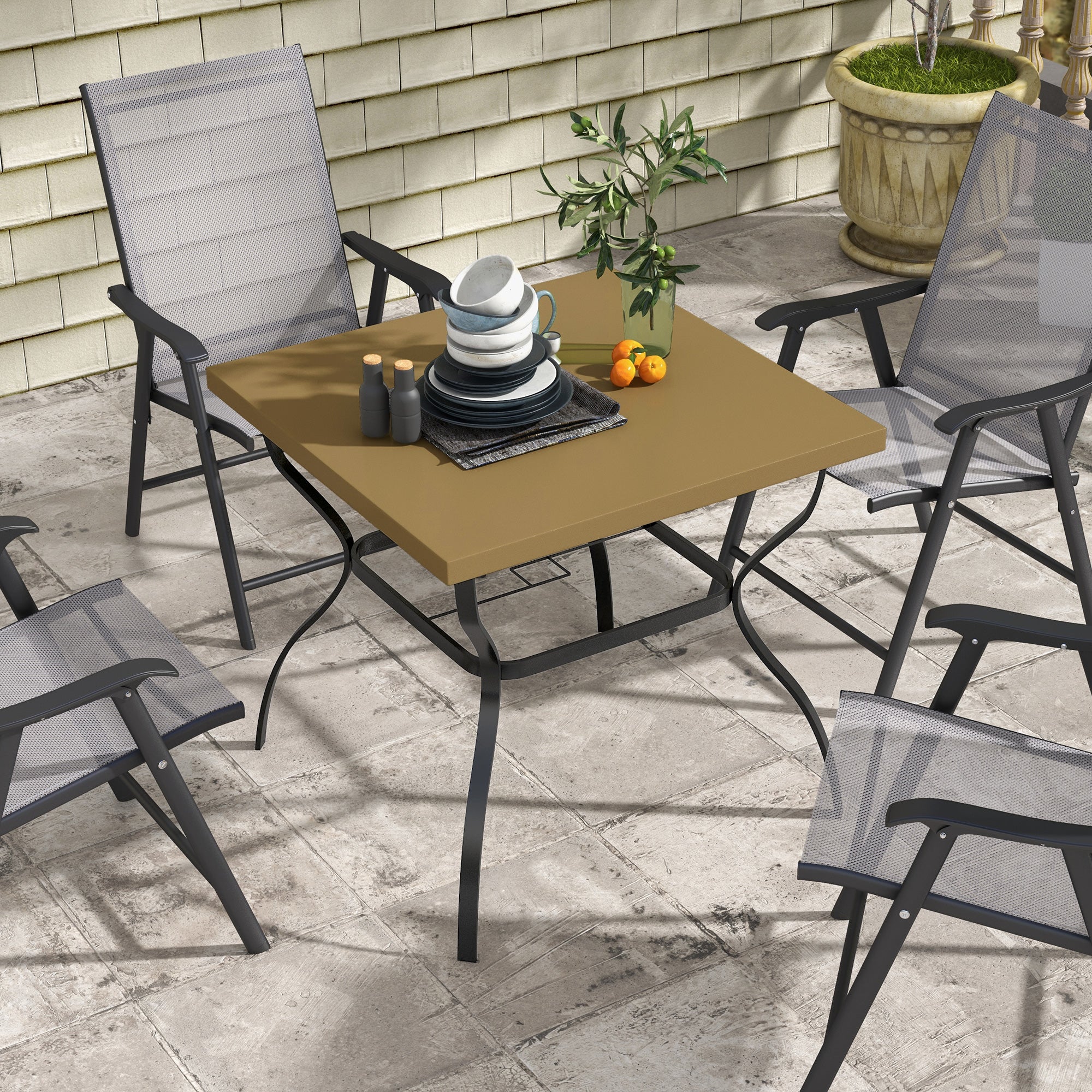 Four-Seater Steel Garden Table, with Parasol Hole - Brown/Black