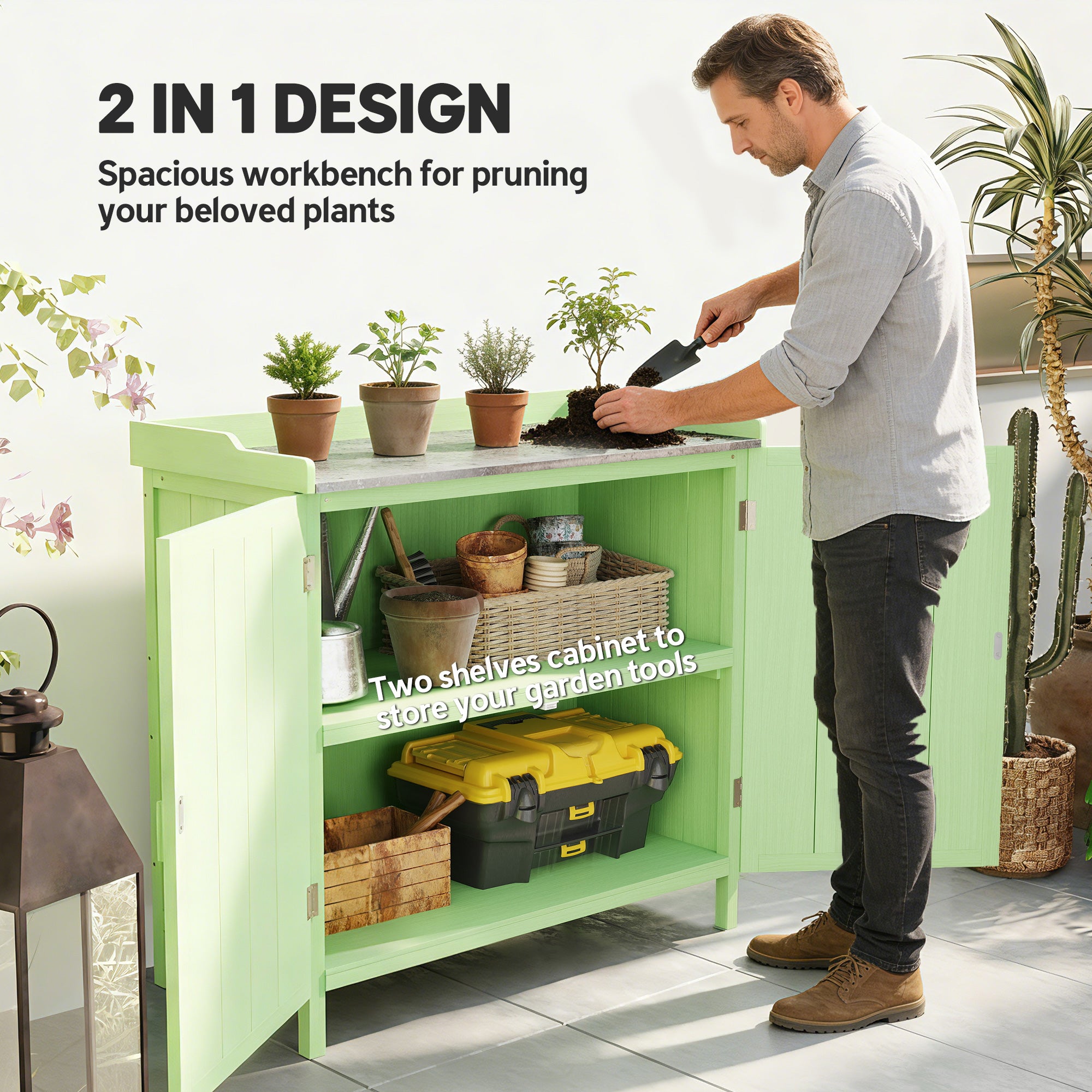 Wood Garden Storage Cabinet, Outdoor Tool Shed, Potting Bench Table with galvanised Top and Two Shelves for garden Tools or Pool Accessories, Green