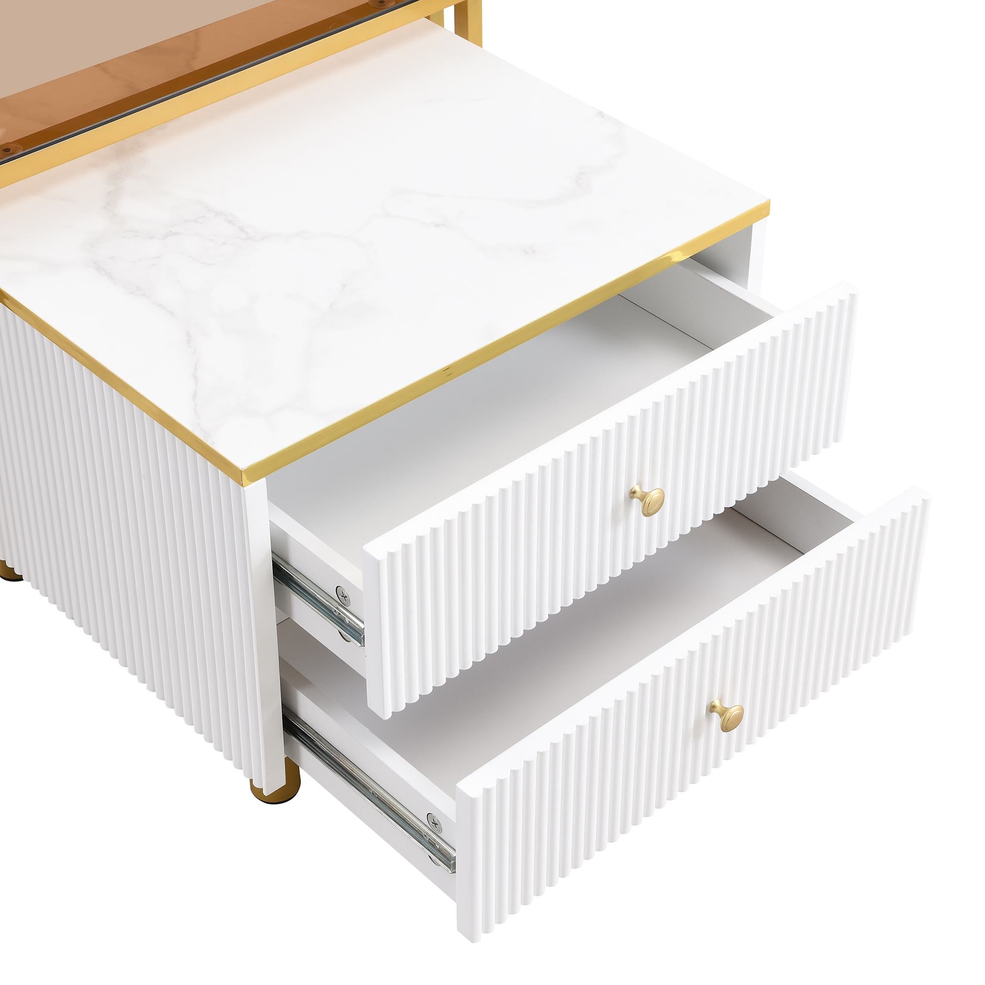2 Piece Nesting Coffee Table Set with Marble Pattern and Modern Gold Design, Square End Table with Drawer and Metal Frame, Gold+White