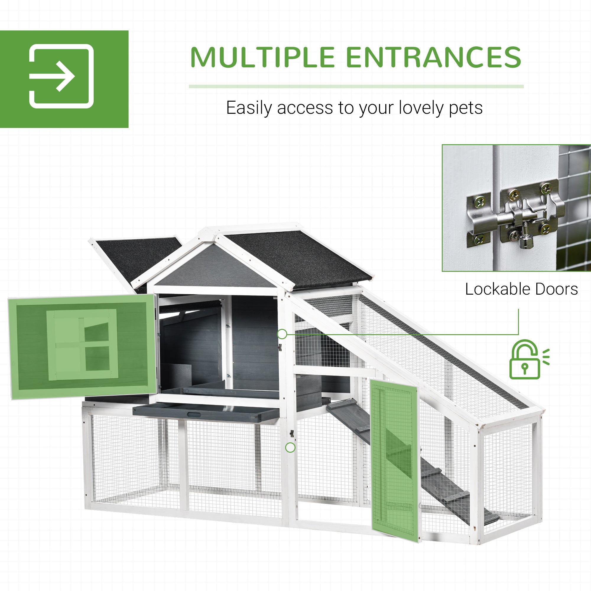 Chicken Coop, Rabbit Hutch, Hen House, Wooden Poultry Habitat with Outdoor Run, Nesting Box, Slide Out Tray, Lockable Doors, Ramp, Window, 176 x 66 x 110cm, White