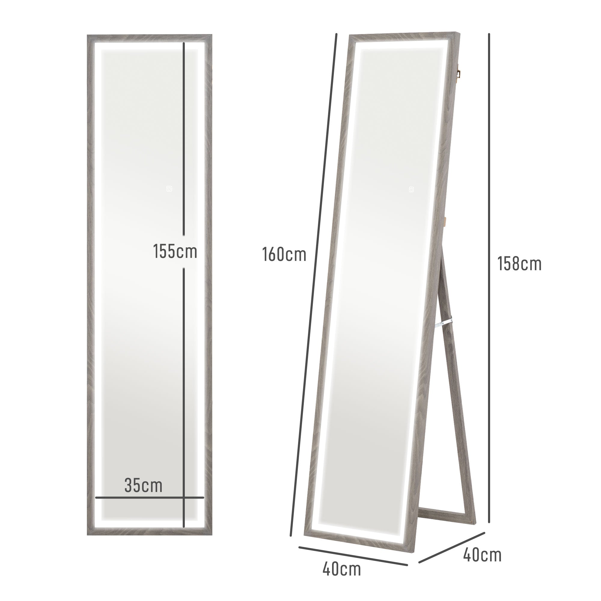 Full Length Mirror with Adjustable LED Outer Light - Grey