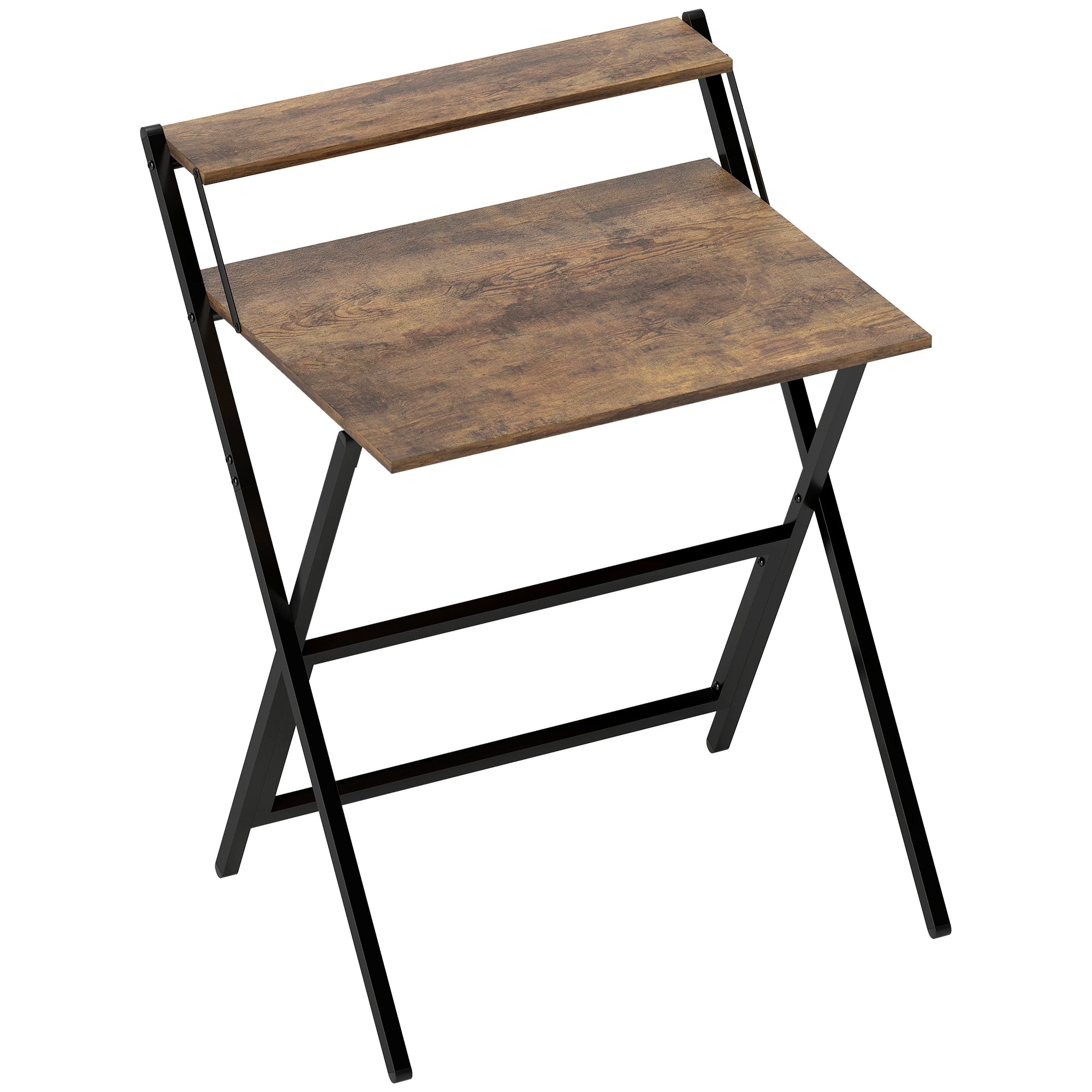 70 cm Folding Computer Desk with Monitor Shelf - Rustic Brown