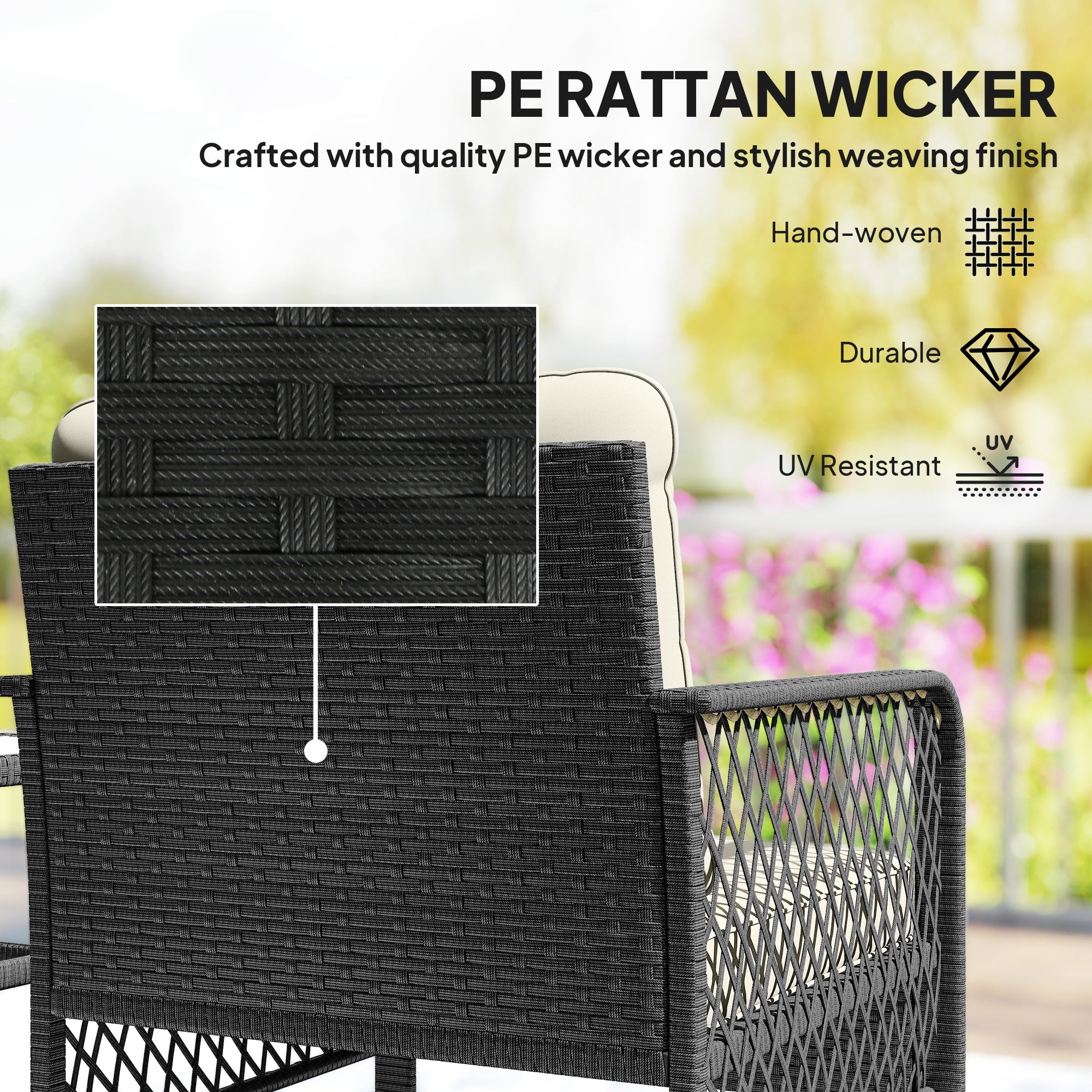 3 Pieces Rattan Bistro Set with Glass Top Coffee Table, Chairs and Cushions for Outdoor, Patio, Balcony, Cream