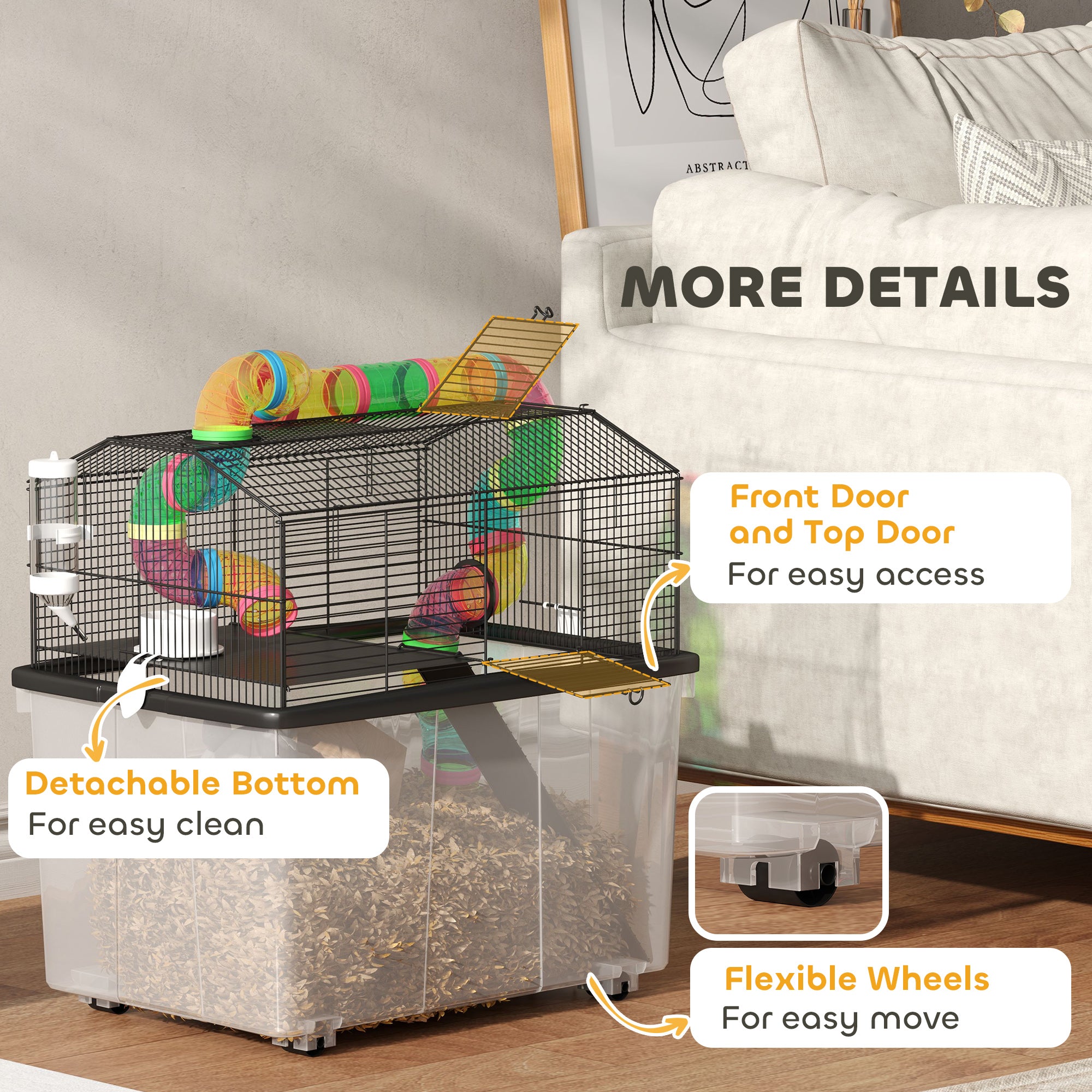 2 Tier Hamster Cage with 31cm Deep Tray, Tube System, Water Bottle, Ramp, Feeding Bowl, 58 x 43 x 57cm, Multicolour