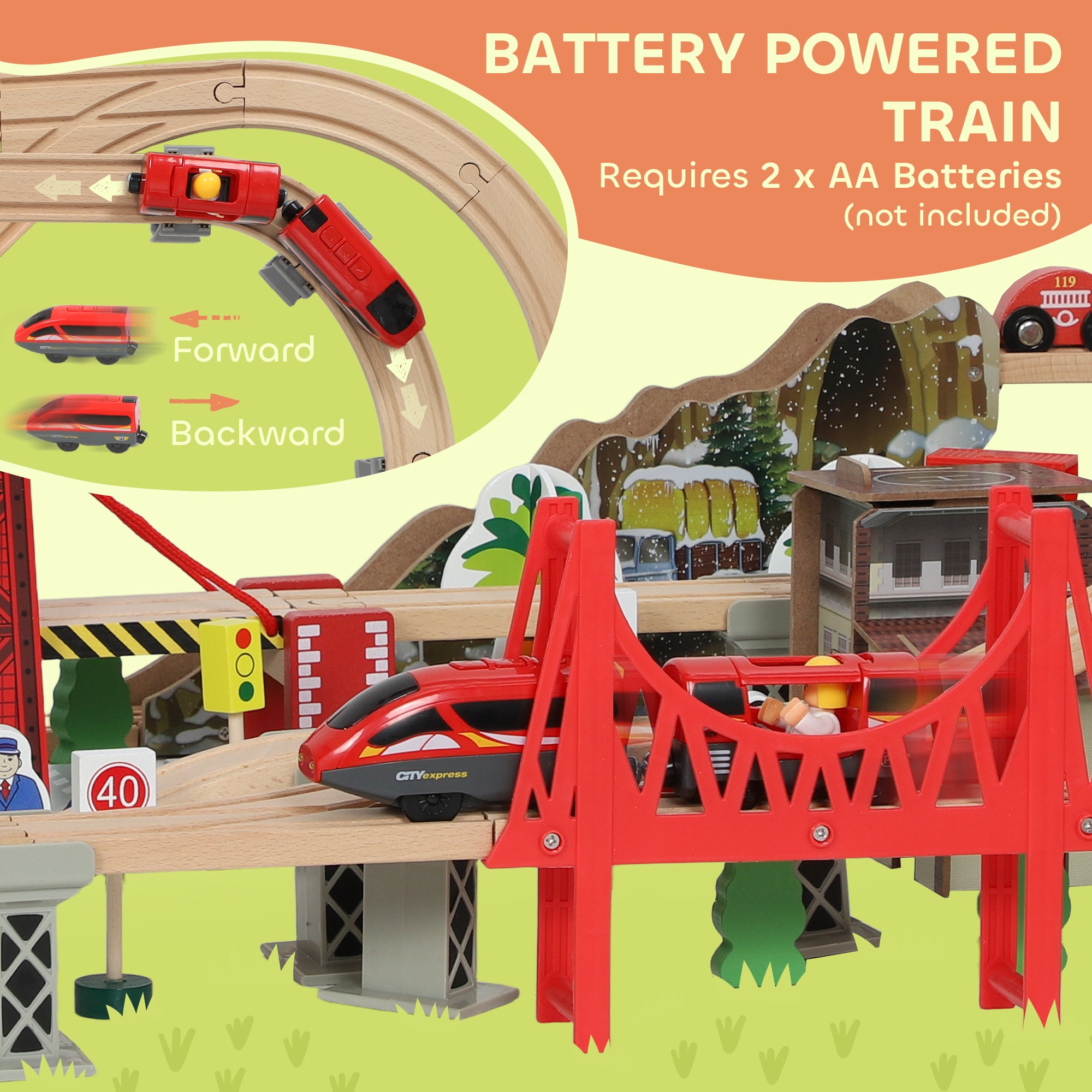 100 Piece Wooden Train Set for Kids 3+ Years with Track, Crane, Battery Operated Train